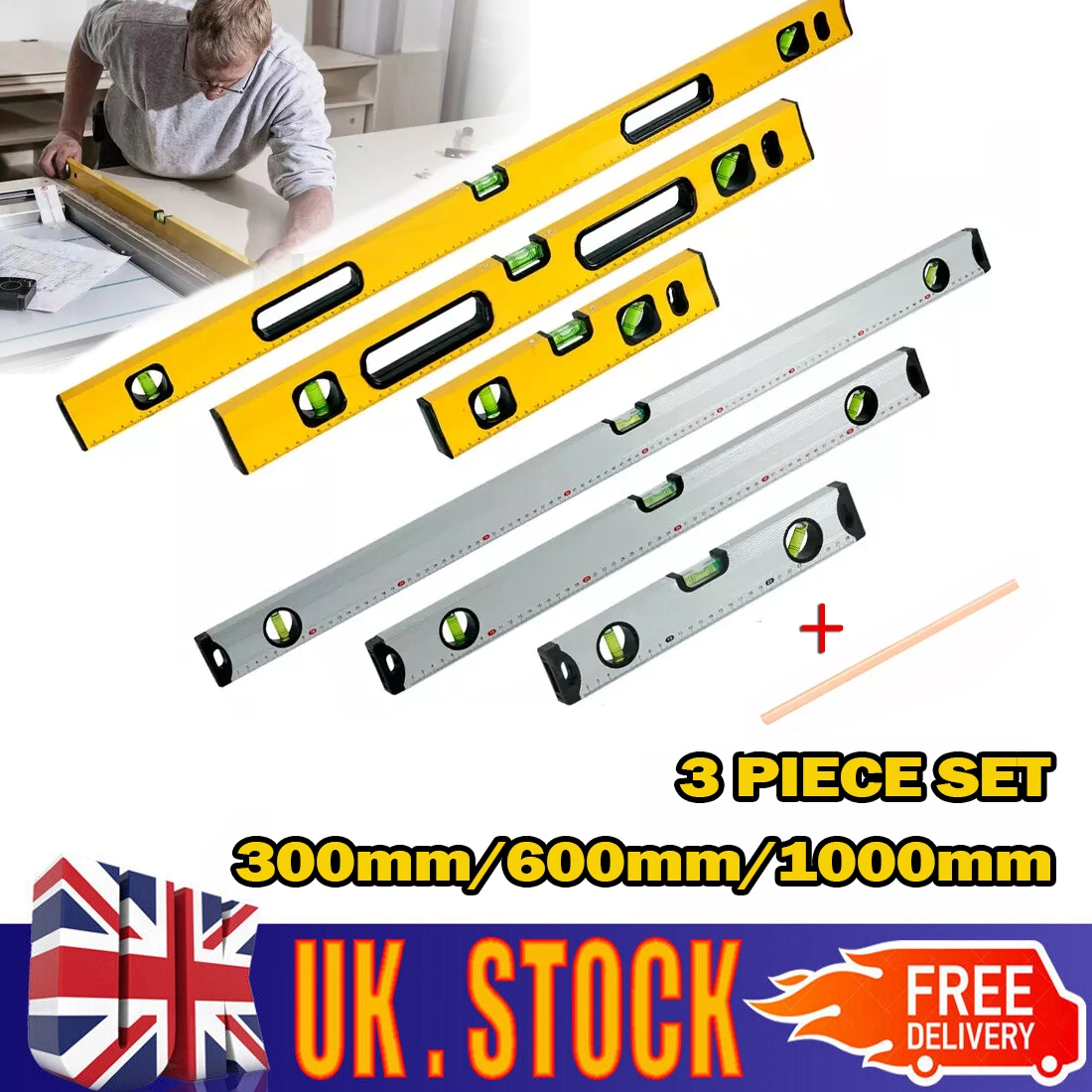Magnetic 3 Piece Builders Spirit Level Set - 300mm 600mm 1000mm Yellow Silver with Pencil view 2