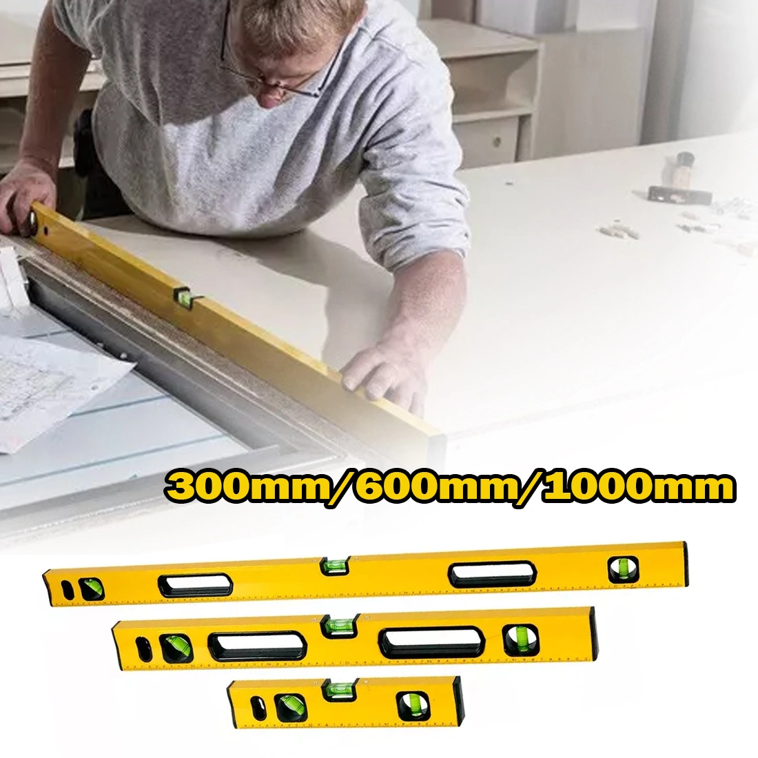 Magnetic 3 Piece Builders Spirit Level Set - 300mm 600mm 1000mm Yellow Silver with Pencil view 3