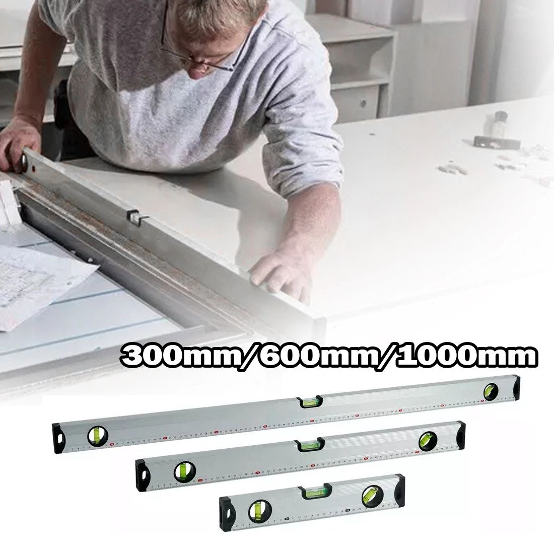 Magnetic 3 Piece Builders Spirit Level Set - 300mm 600mm 1000mm Yellow Silver with Pencil view 4