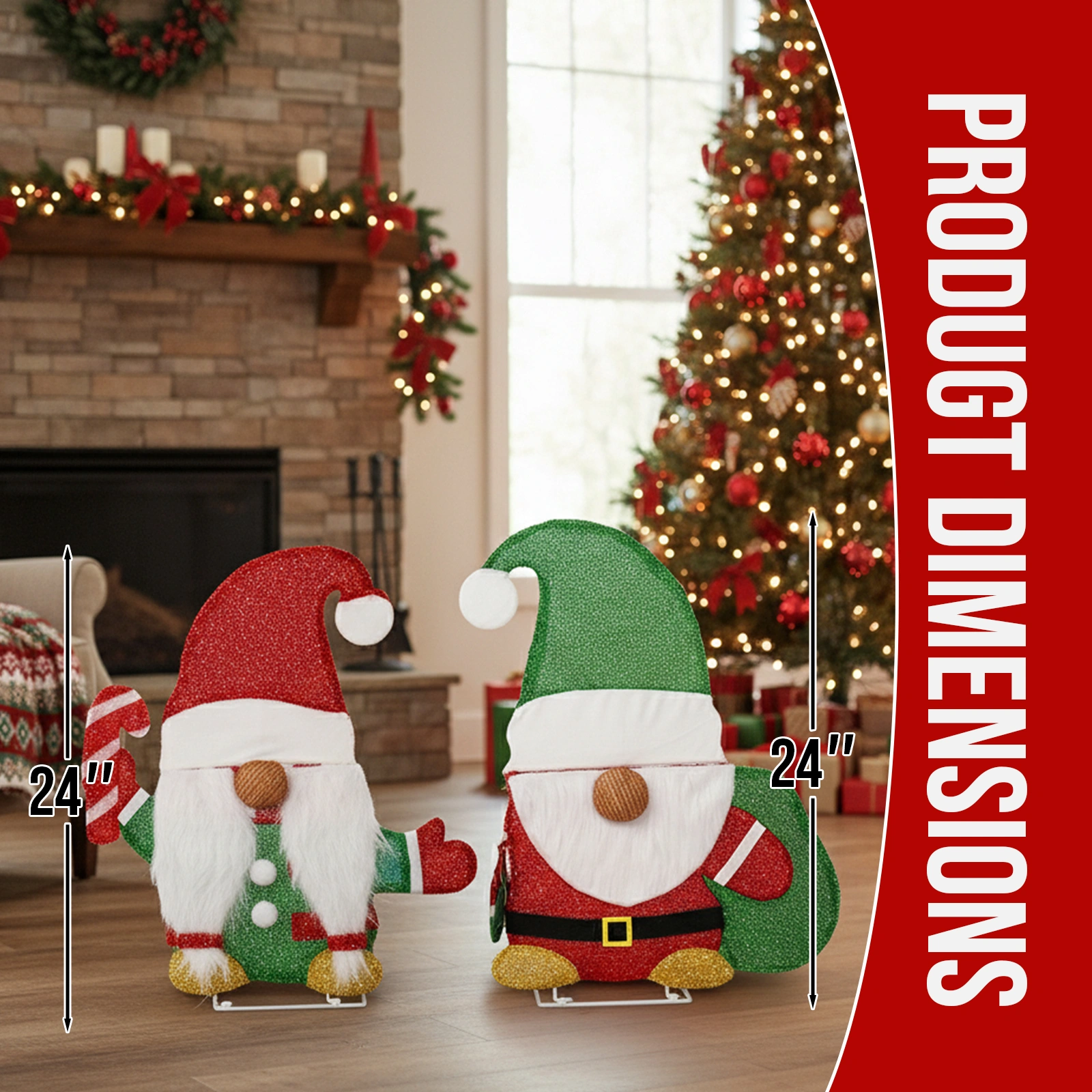 Set of 2 Lighted Gnome & Candy Cane Holiday Decor, Pre-lit with 80 Warm White LED Lights, Indoor Outdoor Xmas Display view 4