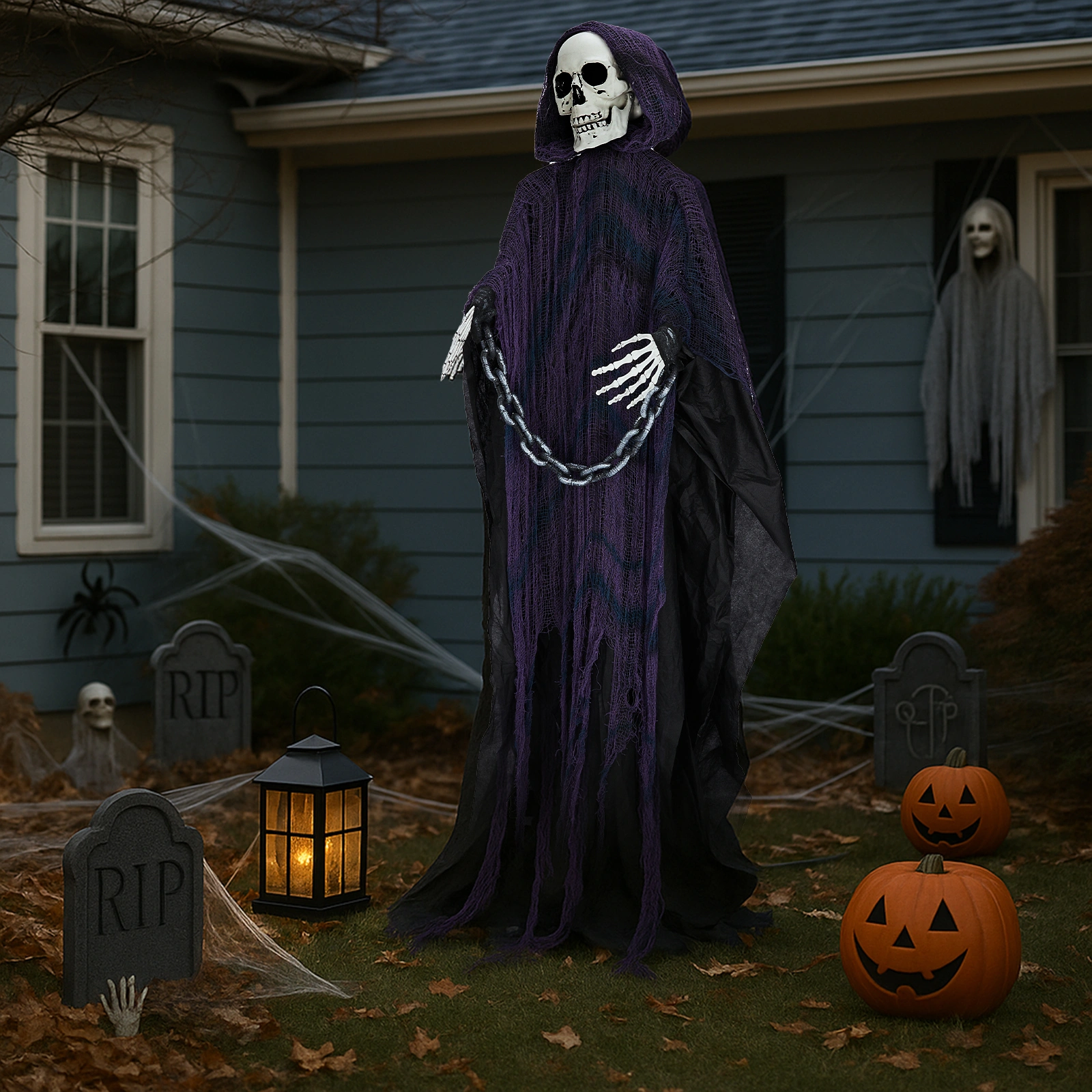6ft Halloween Decorations Outdoor Life Size Animatronics Grim Reaper with Chain, Sound-Actived Party Decor with Creepy Sound, Scary Haunted House Props for Garden Yard Lawn view 13