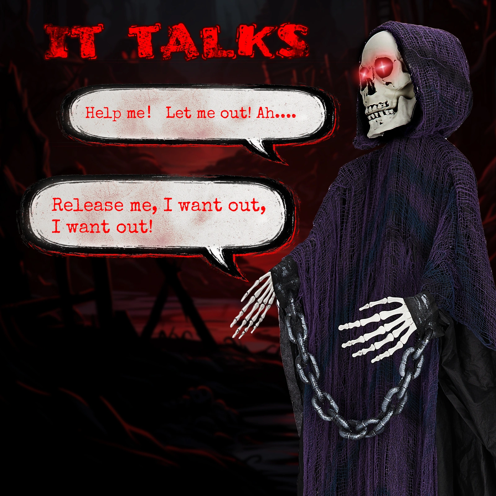 6ft Halloween Decorations Outdoor Life Size Animatronics Grim Reaper with Chain, Sound-Actived Party Decor with Creepy Sound, Scary Haunted House Props for Garden Yard Lawn view 15