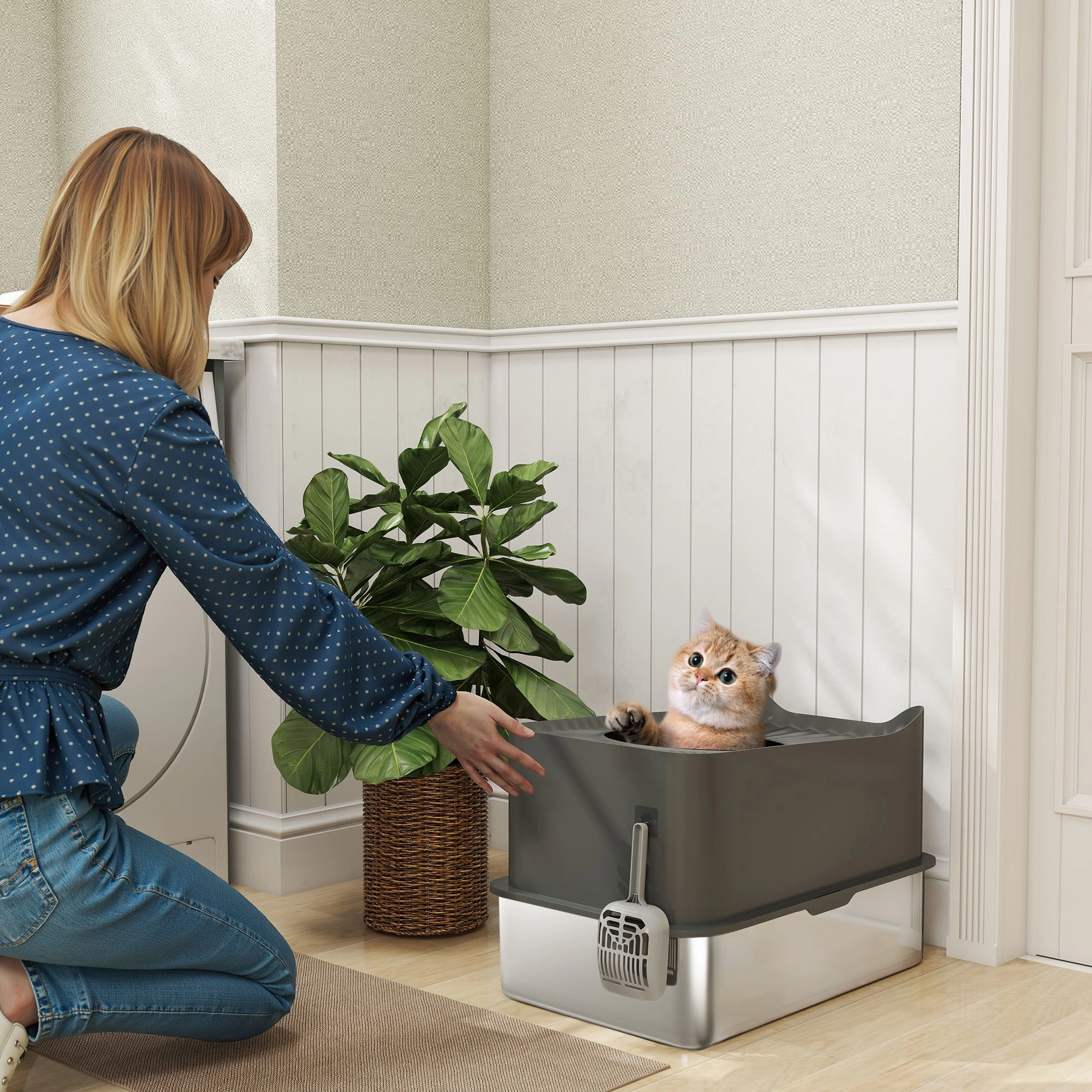 Self-Closing Cat Litter Box with Hood, Large Odor Control Litter Box for Cats, Includes Litter Pan Tray, Easy-Clean Design, Gray