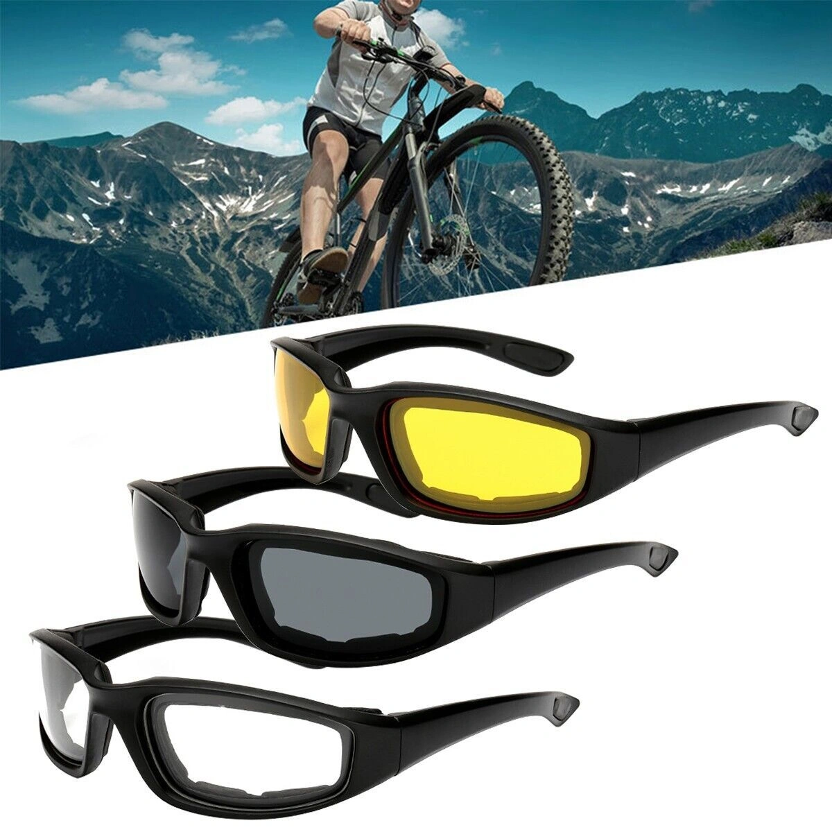 3 Pairs Motorcycle Riding Glasses, Wind Resistant Biker Sports Goggles, Cycle Sunglasses with Gray/Clear/Yellow Lenses for Men Women