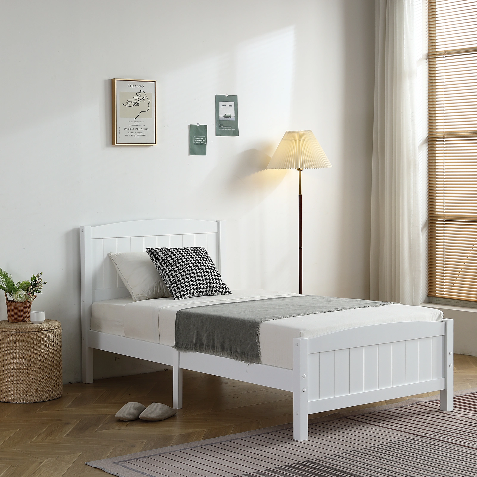 FCH Twin Pine Single-Layer Core Vertical Stripe Full-Board Curved Bed Head With The Same Bed Foot White Wooden Bed view 20
