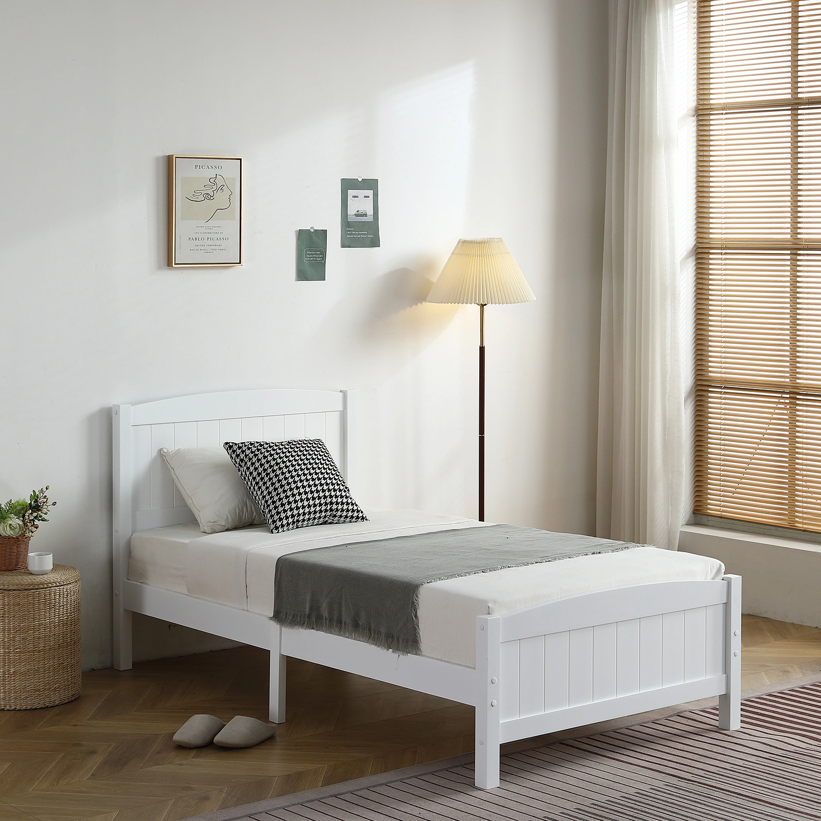 FCH Twin Pine Single-Layer Core Vertical Stripe Full-Board Curved Bed Head With The Same Bed Foot White Wooden Bed view 25