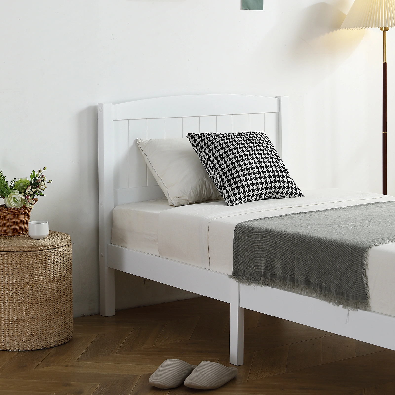 FCH Twin Pine Single-Layer Core Vertical Stripe Full-Board Curved Bed Head With The Same Bed Foot White Wooden Bed view 26