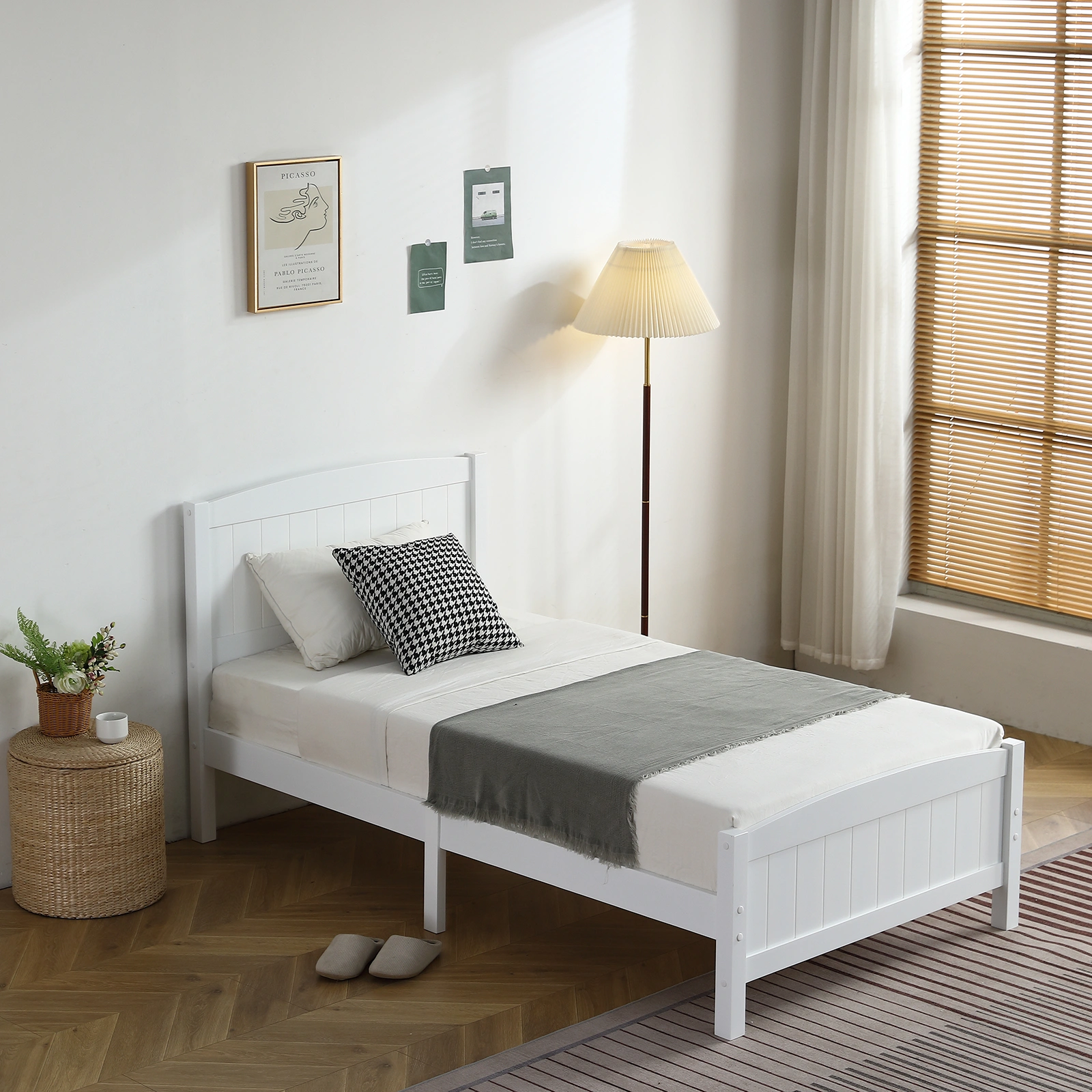 FCH Twin Pine Single-Layer Core Vertical Stripe Full-Board Curved Bed Head With The Same Bed Foot White Wooden Bed view 29