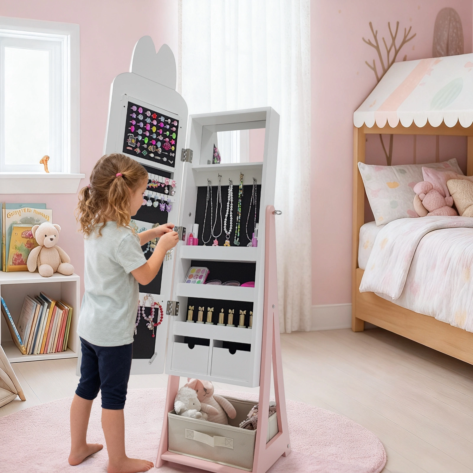 White, rabbit-themed, MDF, spray-painted, 1-door, 1-drawer fabric cabinet for children's jewelry and mirrors view 10