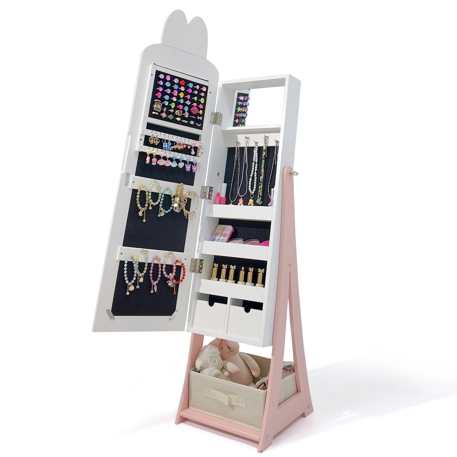 White, rabbit-themed, MDF, spray-painted, 1-door, 1-drawer fabric cabinet for children's jewelry and mirrors view 11