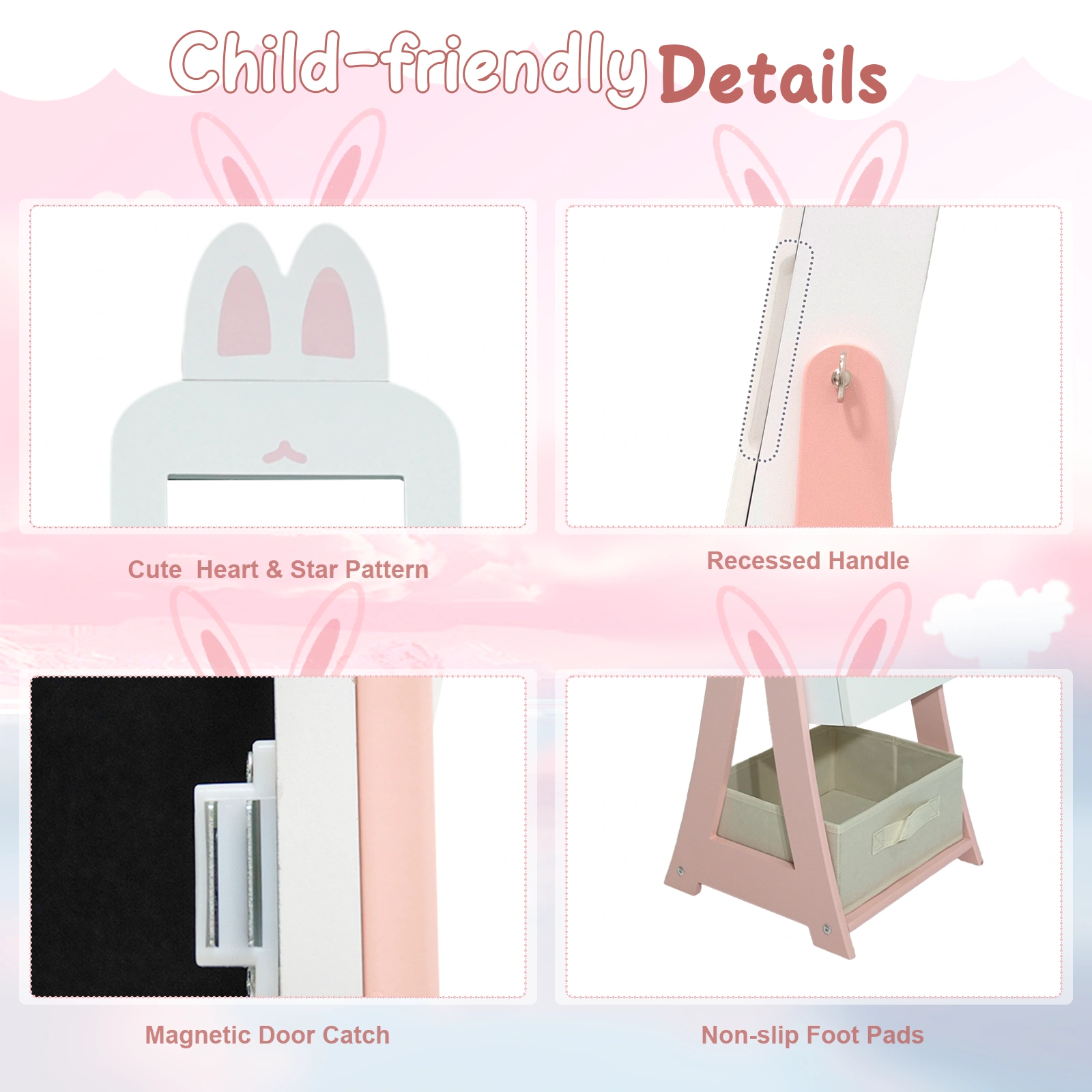 White, rabbit-themed, MDF, spray-painted, 1-door, 1-drawer fabric cabinet for children's jewelry and mirrors view 12