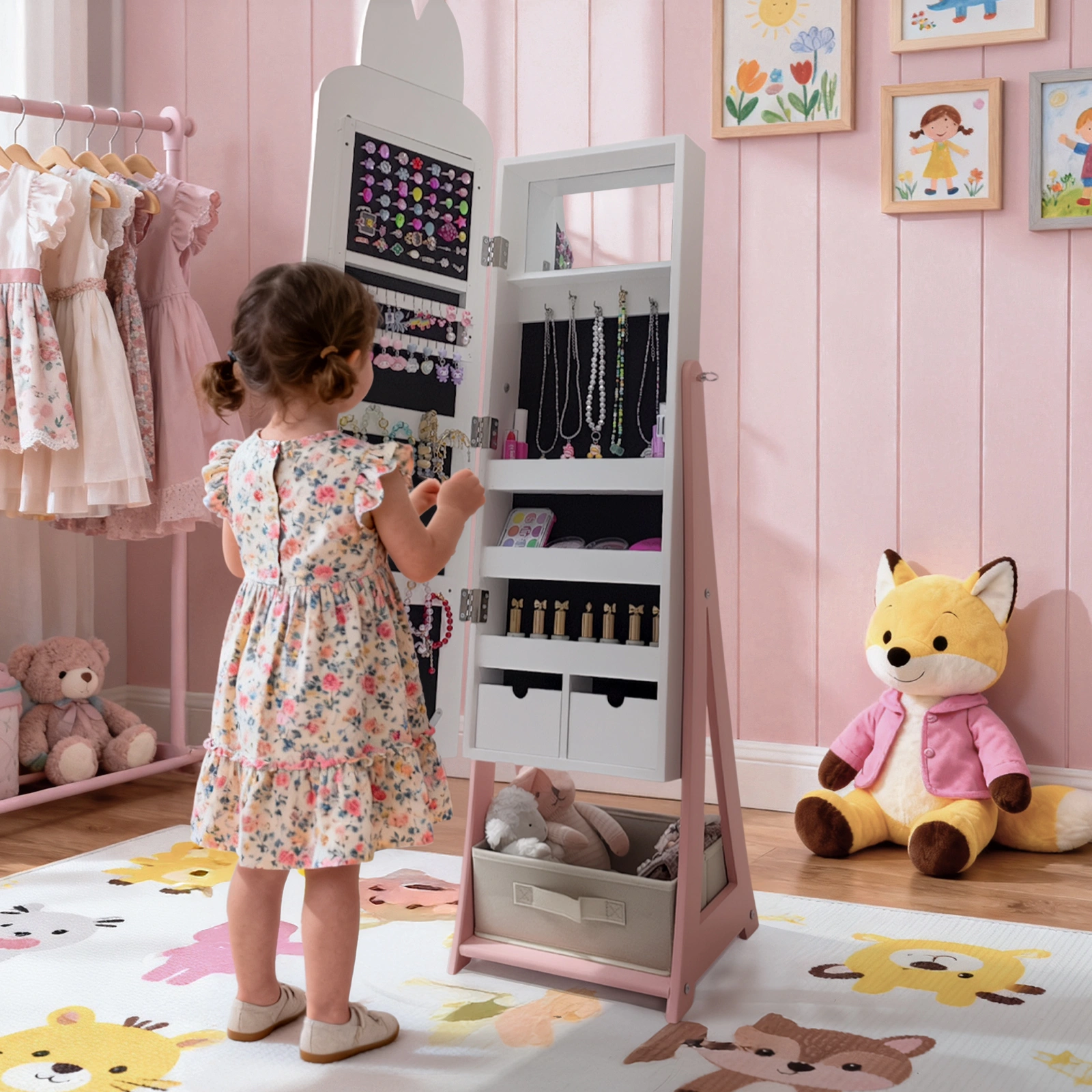 White, rabbit-themed, MDF, spray-painted, 1-door, 1-drawer fabric cabinet for children's jewelry and mirrors view 13