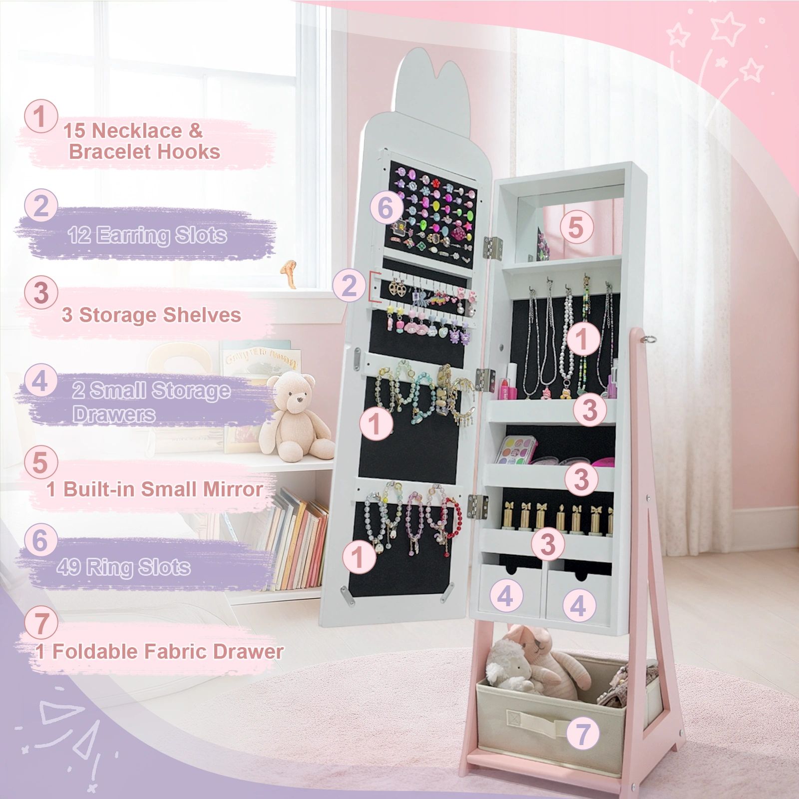 White, rabbit-themed, MDF, spray-painted, 1-door, 1-drawer fabric cabinet for children's jewelry and mirrors view 14