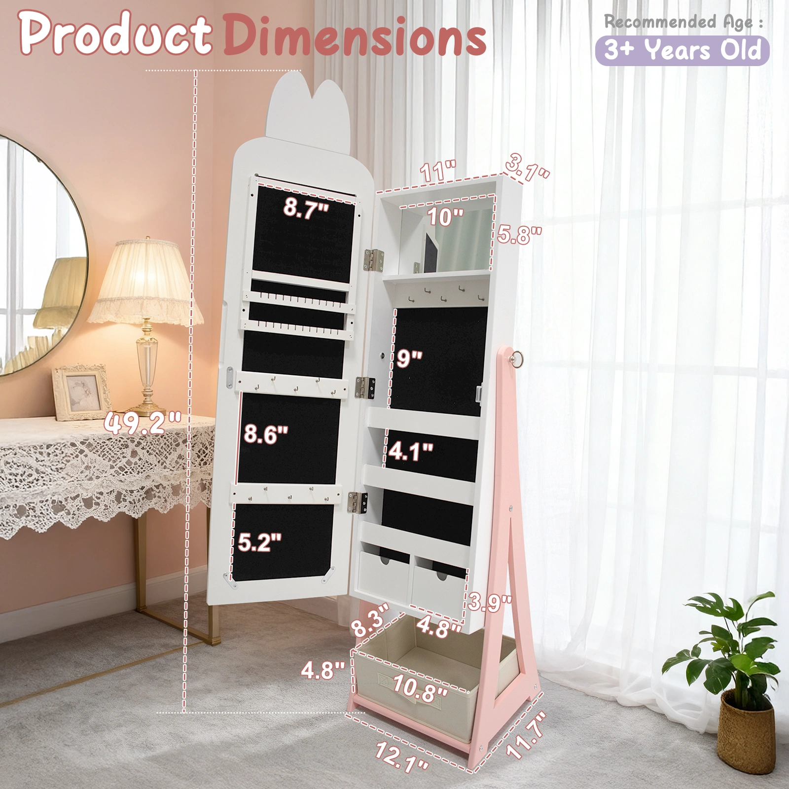 White, rabbit-themed, MDF, spray-painted, 1-door, 1-drawer fabric cabinet for children's jewelry and mirrors view 16