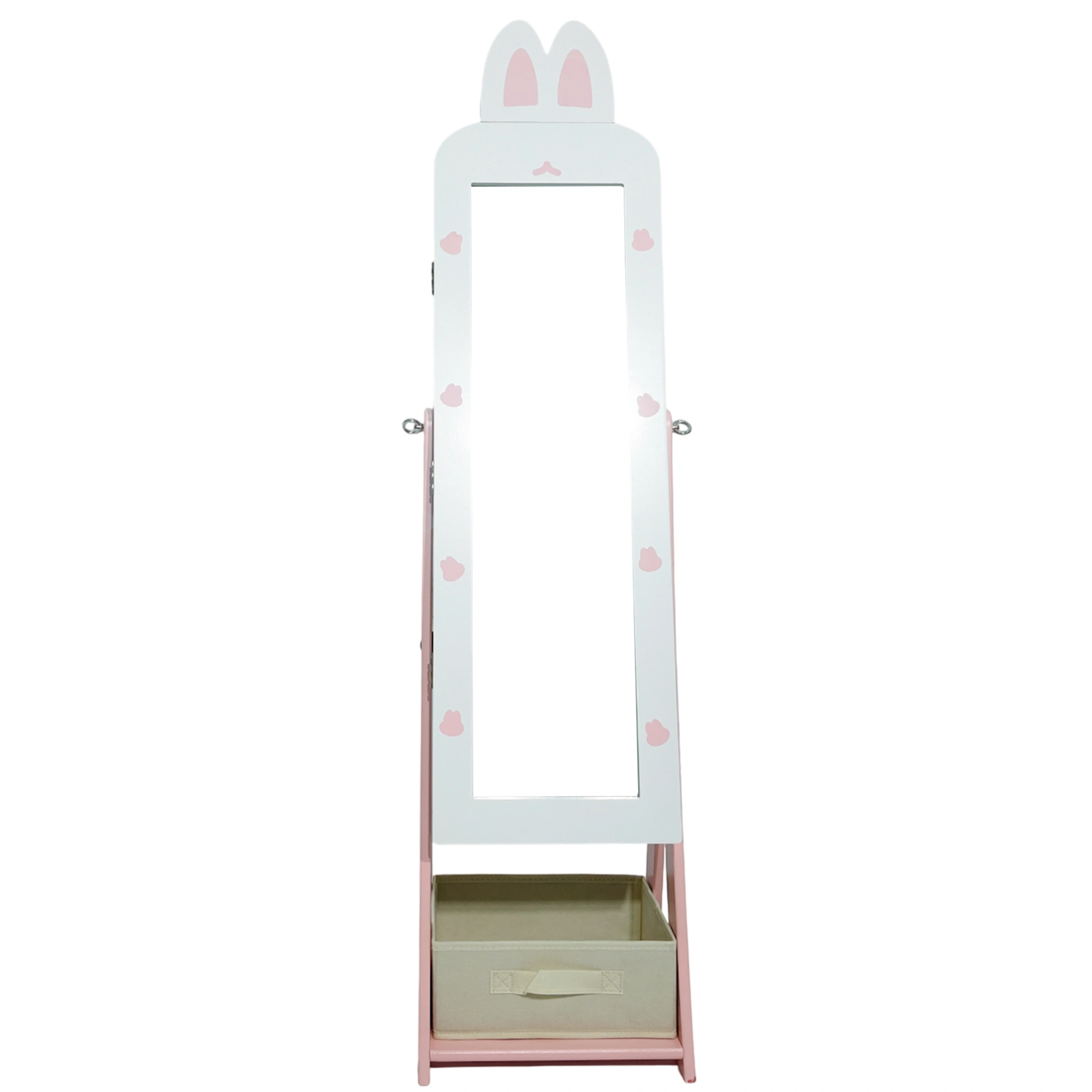 White, rabbit-themed, MDF, spray-painted, 1-door, 1-drawer fabric cabinet for children's jewelry and mirrors view 2