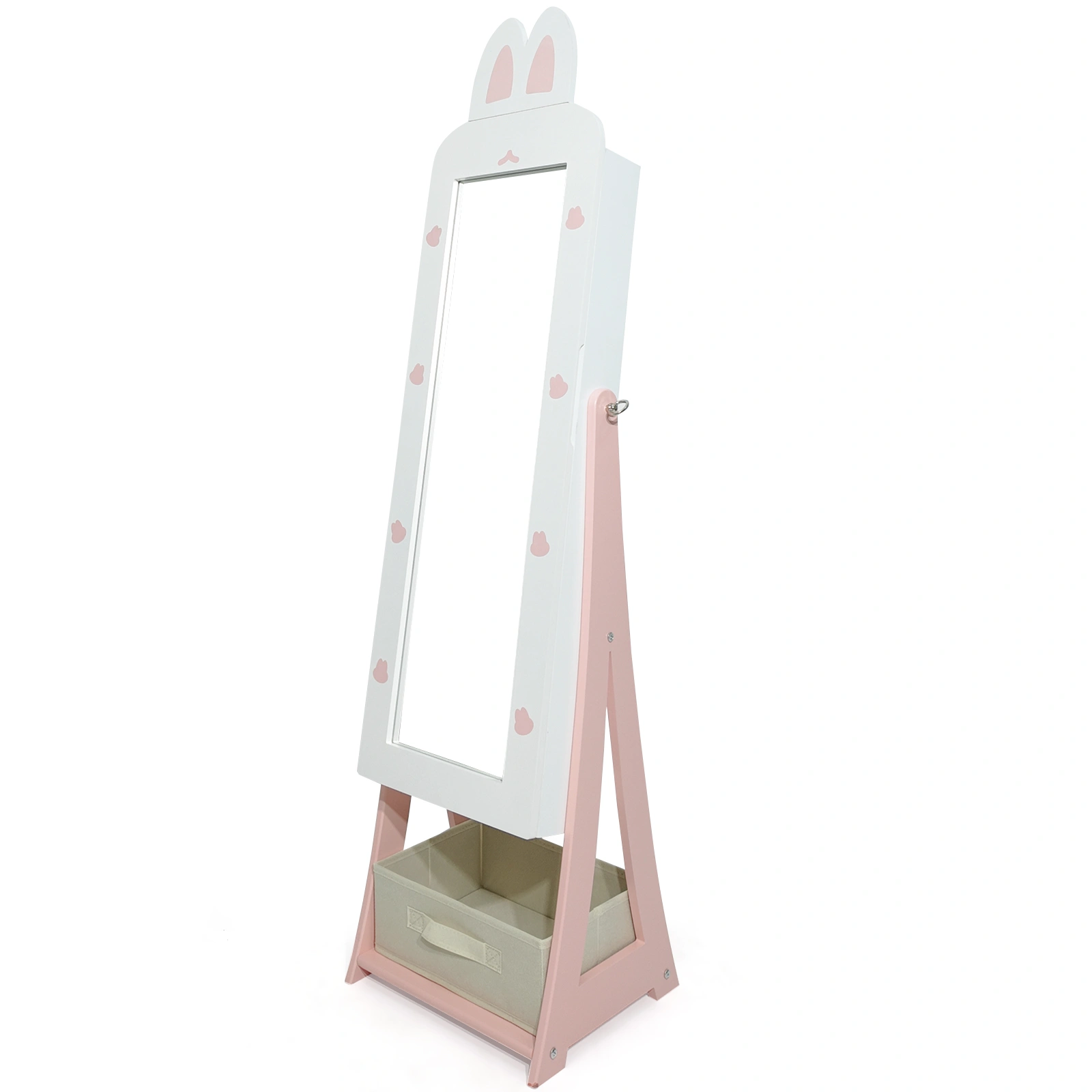White, rabbit-themed, MDF, spray-painted, 1-door, 1-drawer fabric cabinet for children's jewelry and mirrors view 3