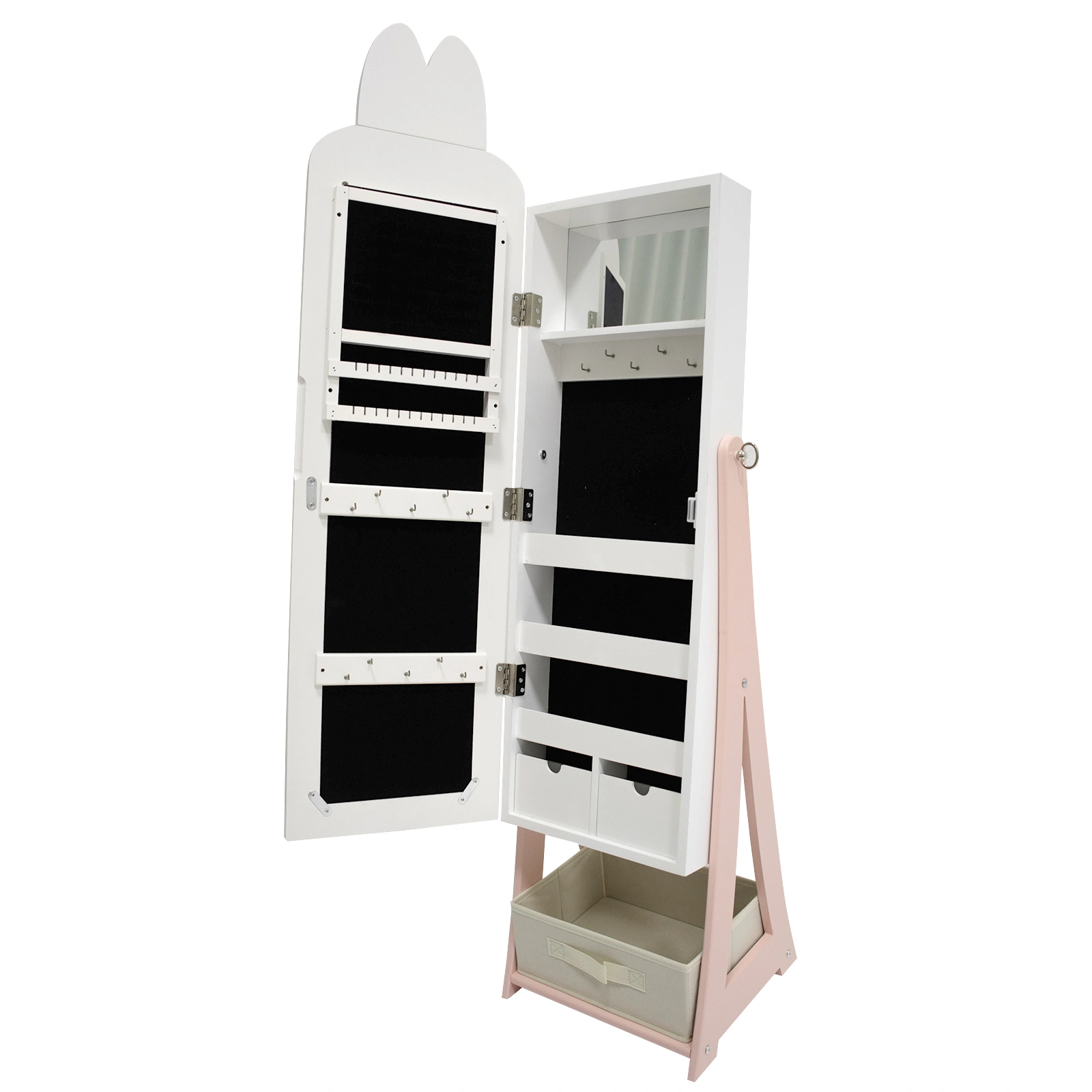 White, rabbit-themed, MDF, spray-painted, 1-door, 1-drawer fabric cabinet for children's jewelry and mirrors view 4