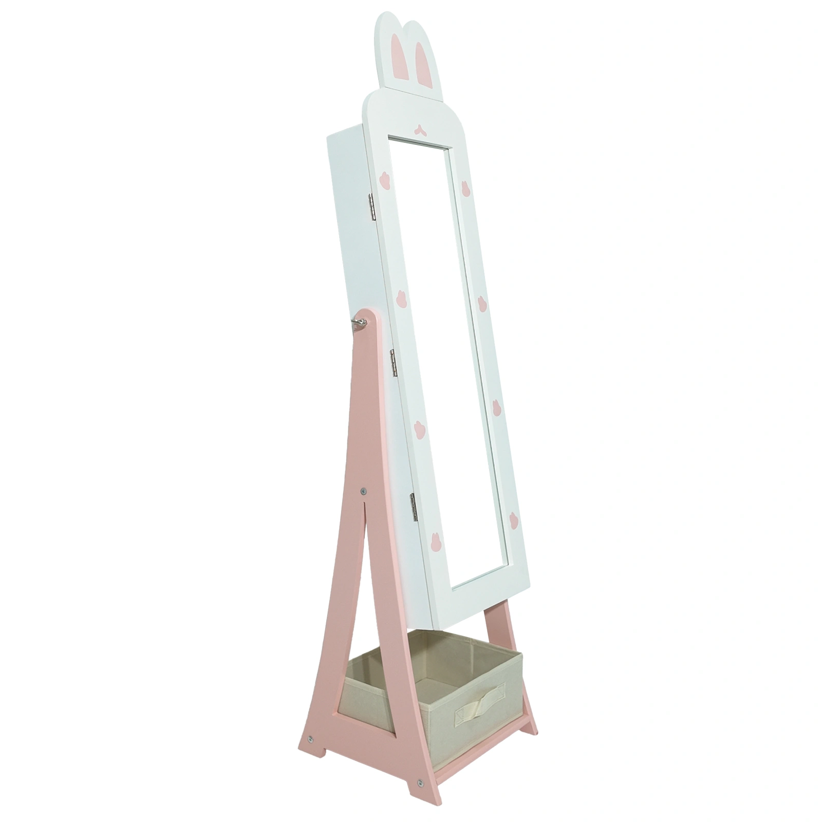White, rabbit-themed, MDF, spray-painted, 1-door, 1-drawer fabric cabinet for children's jewelry and mirrors view 5