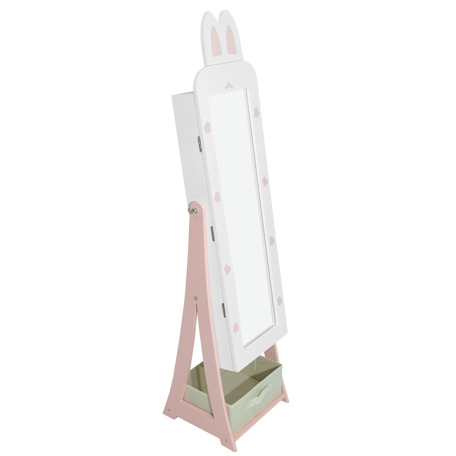 White, rabbit-themed, MDF, spray-painted, 1-door, 1-drawer fabric cabinet for children's jewelry and mirrors view 6