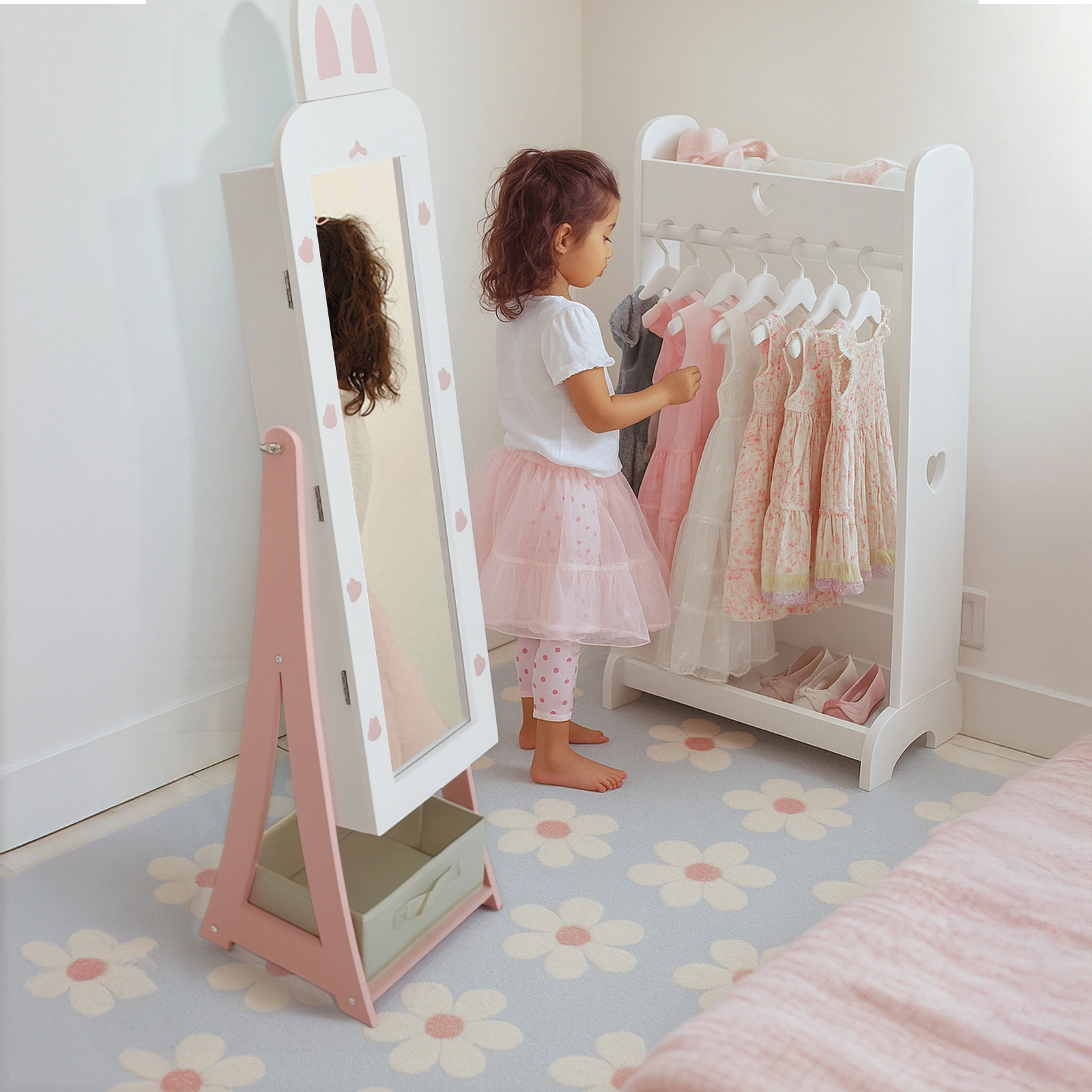 White, rabbit-themed, MDF, spray-painted, 1-door, 1-drawer fabric cabinet for children's jewelry and mirrors view 7