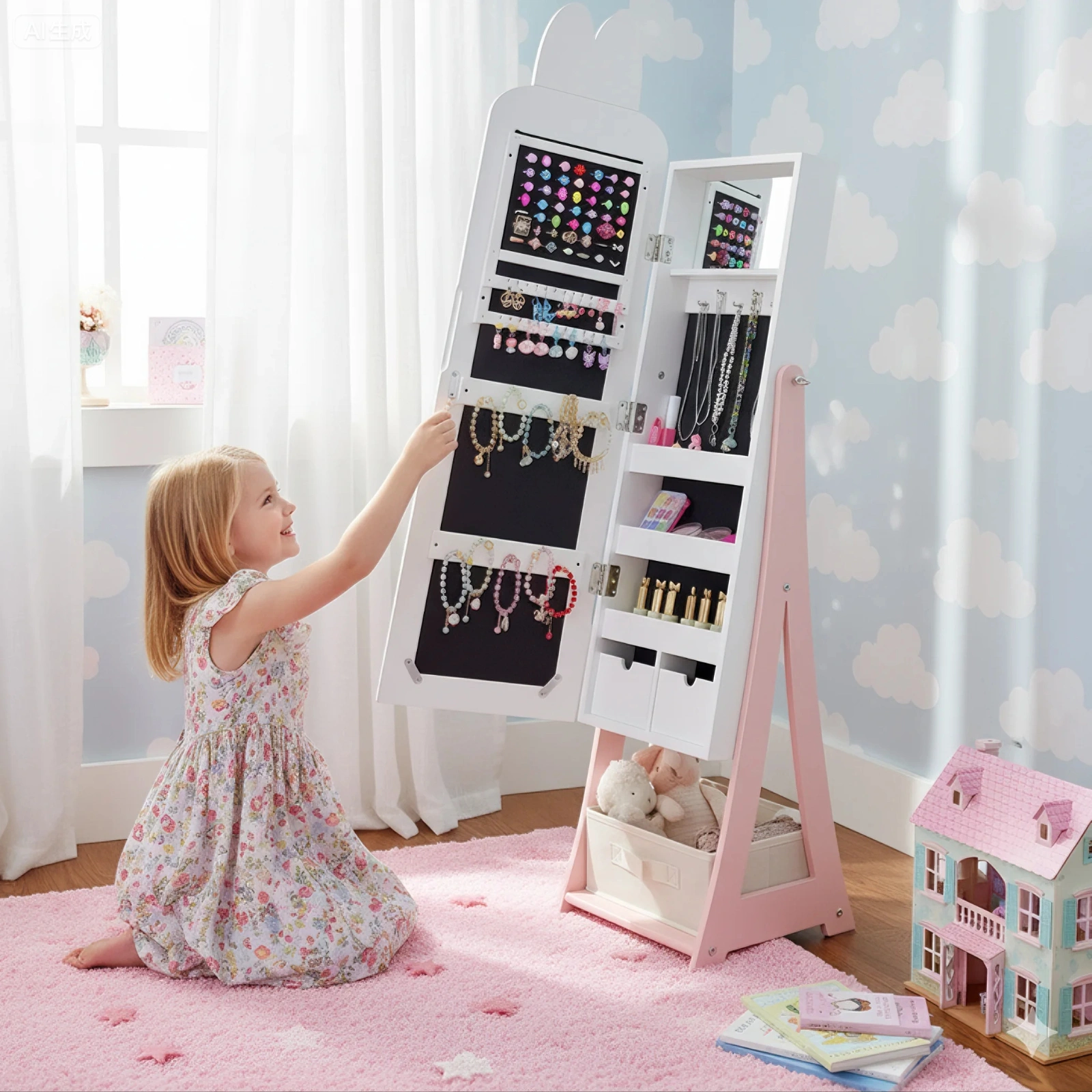 White, rabbit-themed, MDF, spray-painted, 1-door, 1-drawer fabric cabinet for children's jewelry and mirrors view 8