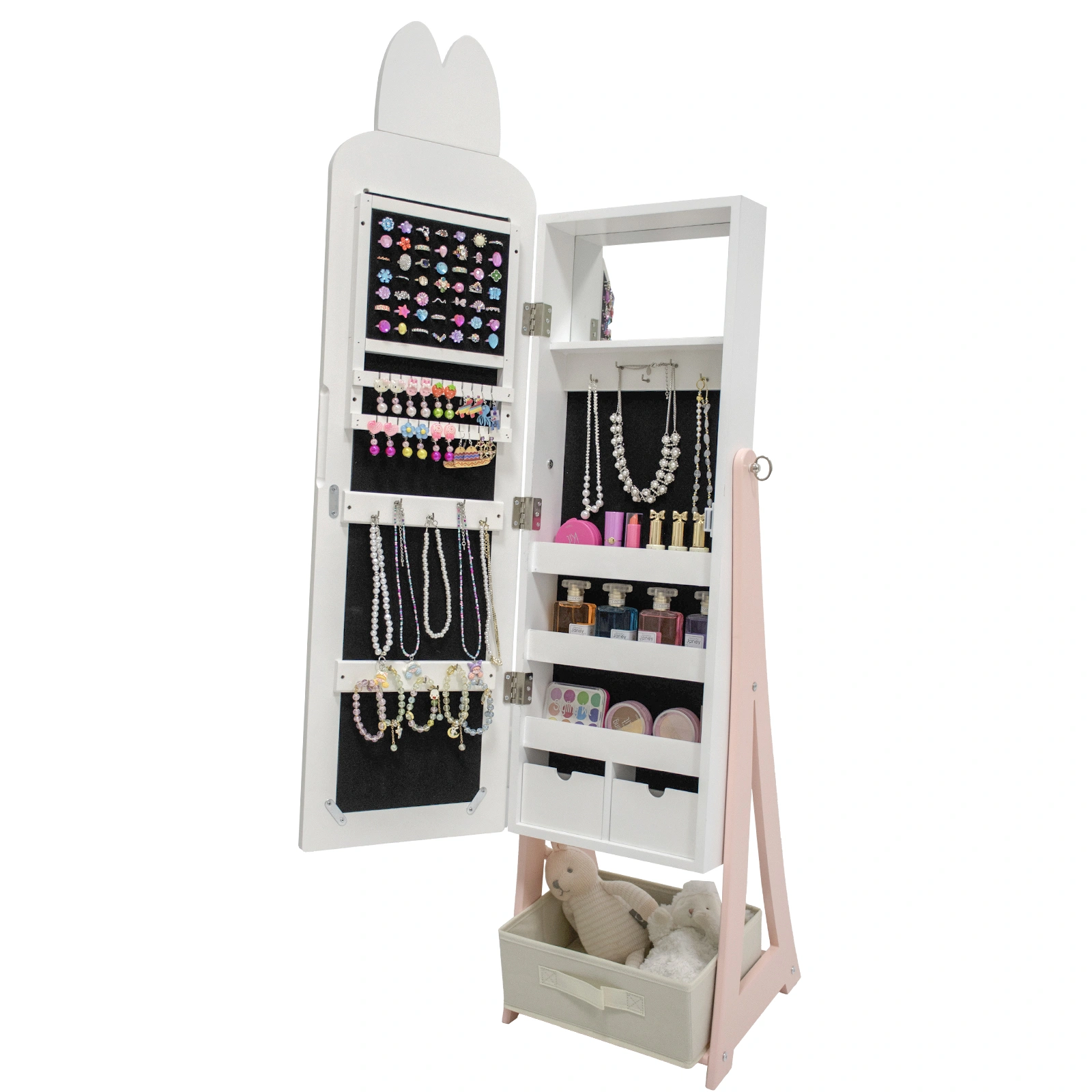 White, rabbit-themed, MDF, spray-painted, 1-door, 1-drawer fabric cabinet for children's jewelry and mirrors view 9