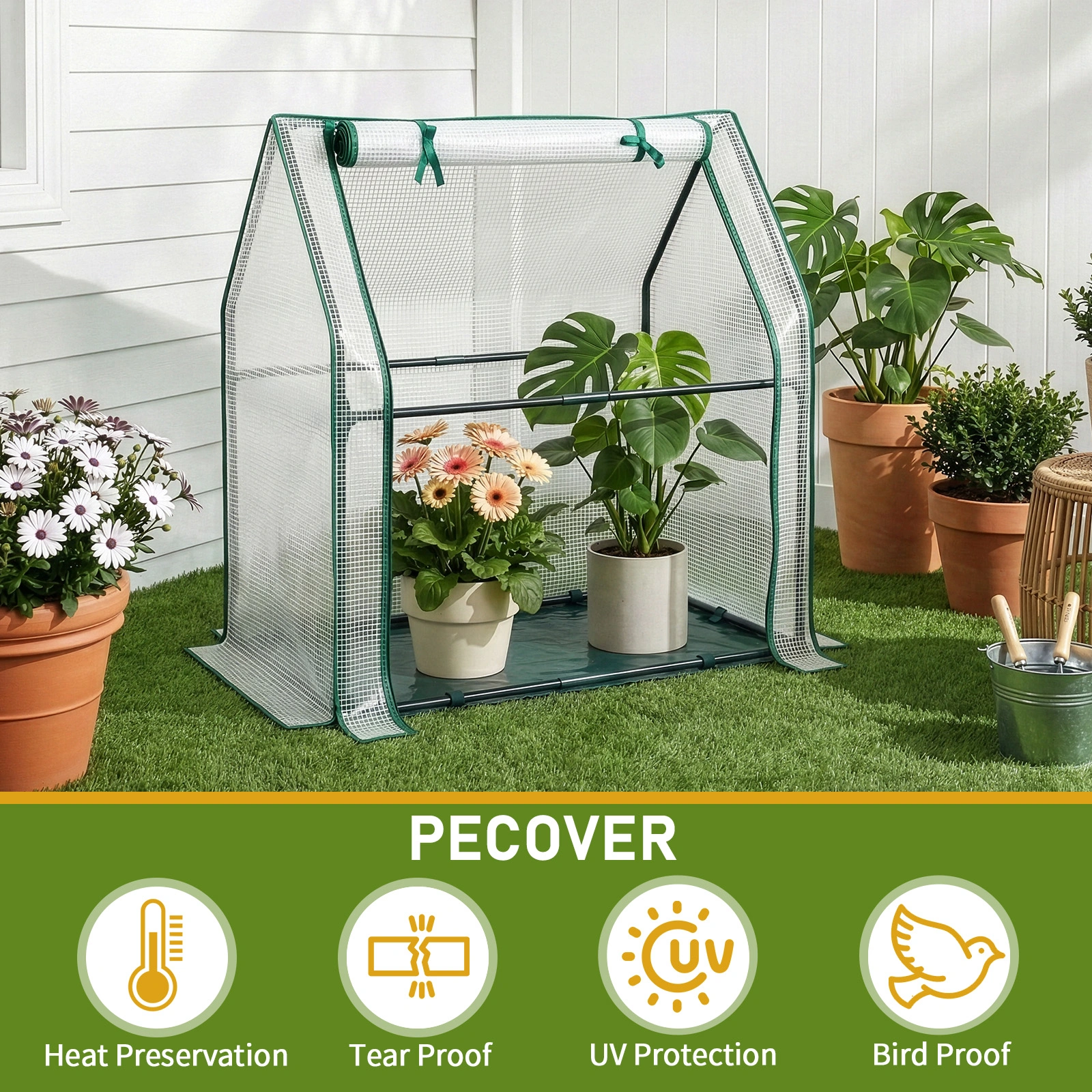 Mini Greenhouse with PE Cover, Indoor Outdoor Plant Gardening Green House for Garden Backyard, 36*18*33in, White view 11