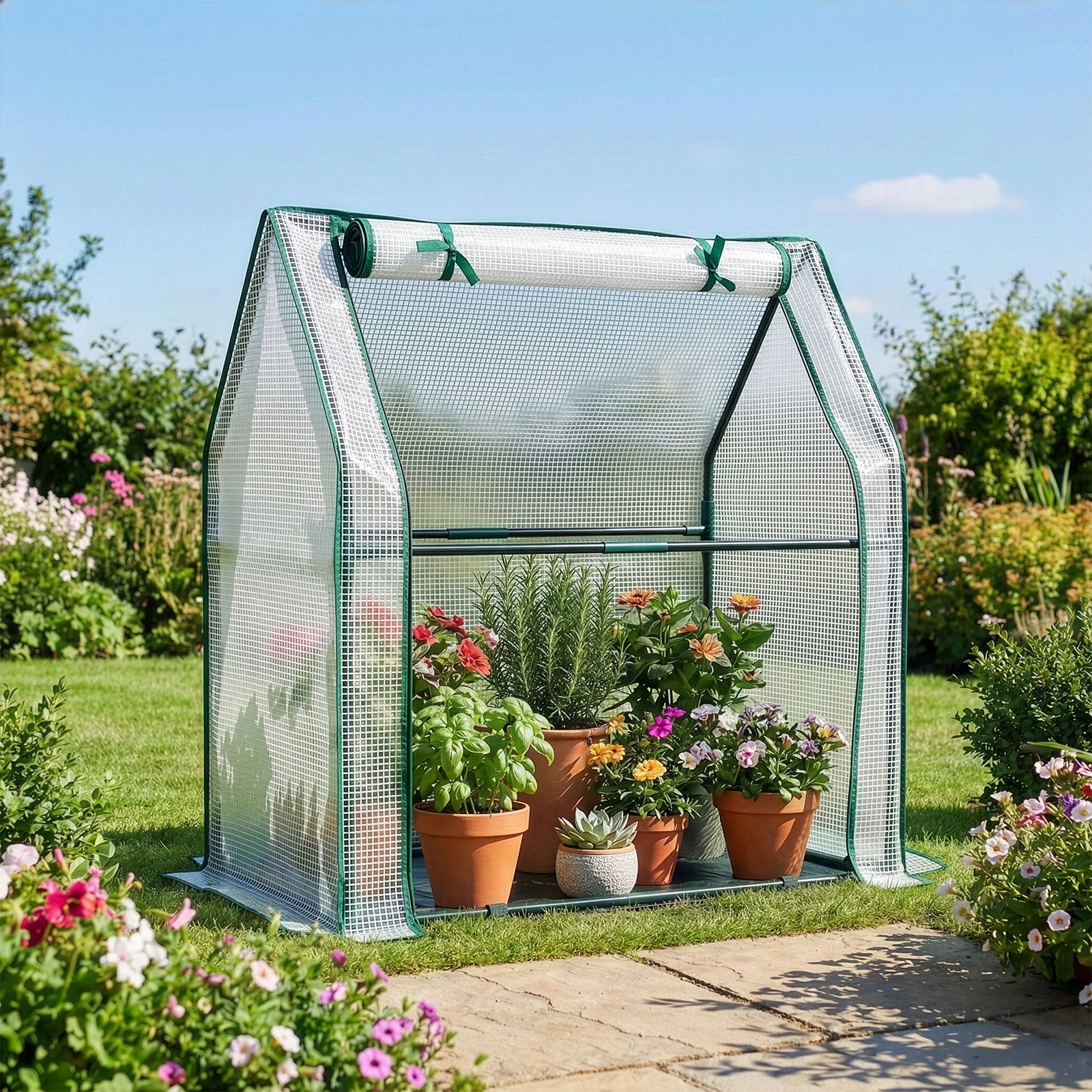 Mini Greenhouse with PE Cover, Indoor Outdoor Plant Gardening Green House for Garden Backyard, 36*18*33in, White view 12