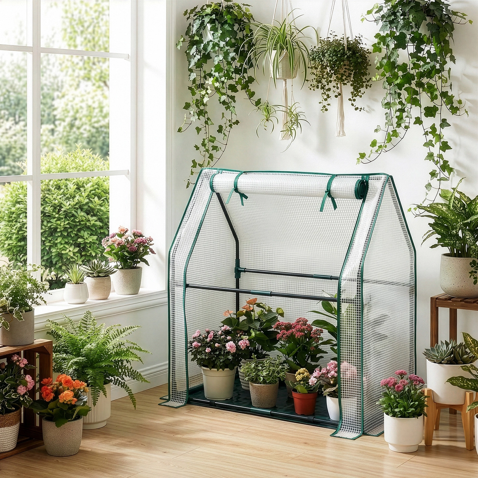 Mini Greenhouse with PE Cover, Indoor Outdoor Plant Gardening Green House for Garden Backyard, 36*18*33in, White view 23