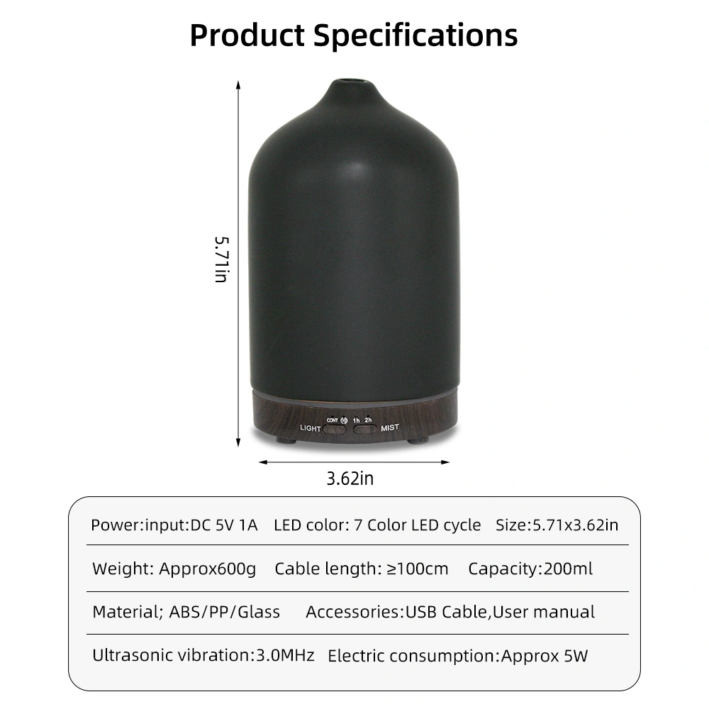 200ml Aromatherapy Humidifier 7 Color LED Essential Oil Diffuser Timer Auto Shut Off for Bedroom view 3
