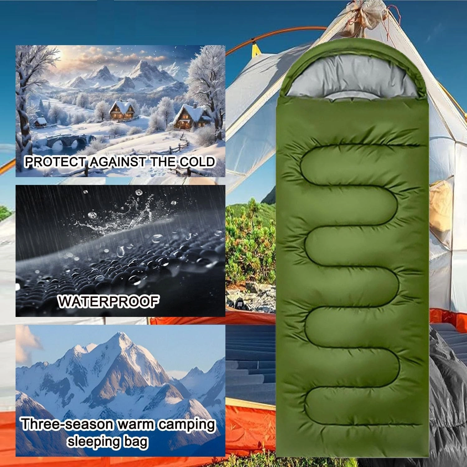 4 Season Single Sleeping Bag Waterproof Outdoor Camping Hiking Envelope Zip Bags-green view 2