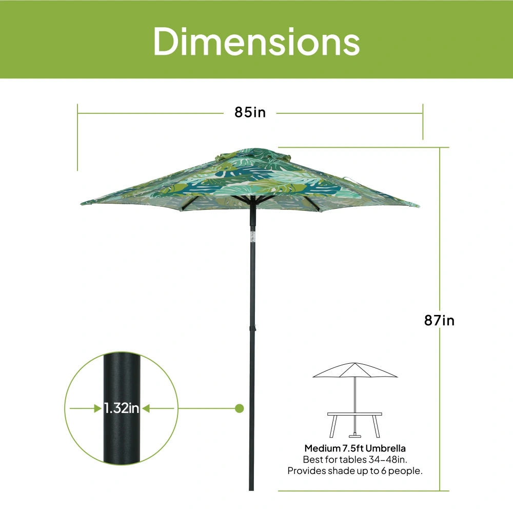 Outdoor 7.5' Palm Print Round Market Patio Umbrella, Push-up, 3-Angle Tilt view 2