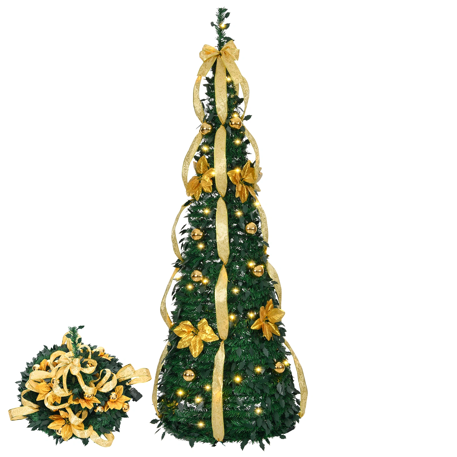 6FT Pop Up Christmas Tree Fully Decorated, 80 Warm Lights Battery Operated Artificial Xmas Tree with Golden Silver Ornaments, Holiday Home Office Decor