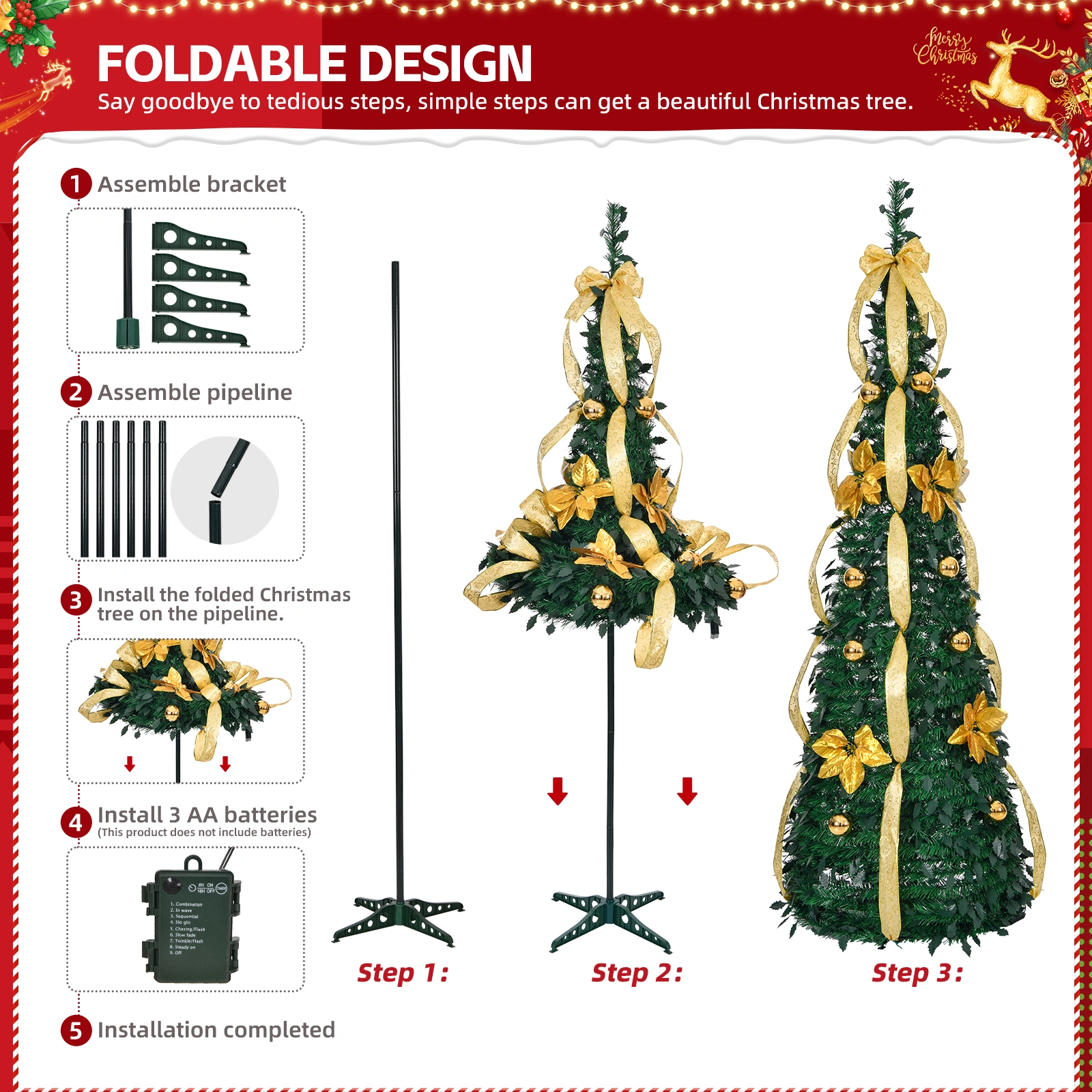 6FT Pop Up Christmas Tree Fully Decorated, 80 Warm Lights Battery Operated Artificial Xmas Tree with Golden Silver Ornaments, Holiday Home Office Decor view 2