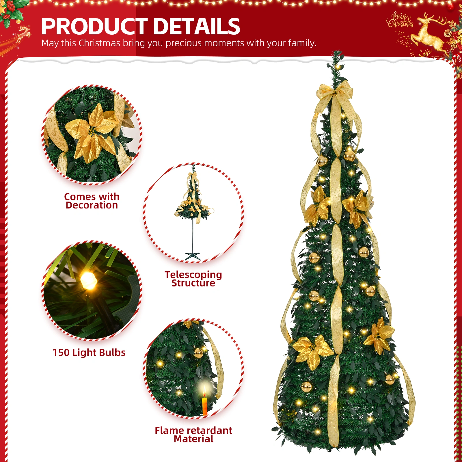 6FT Pop Up Christmas Tree Fully Decorated, 80 Warm Lights Battery Operated Artificial Xmas Tree with Golden Silver Ornaments, Holiday Home Office Decor view 3