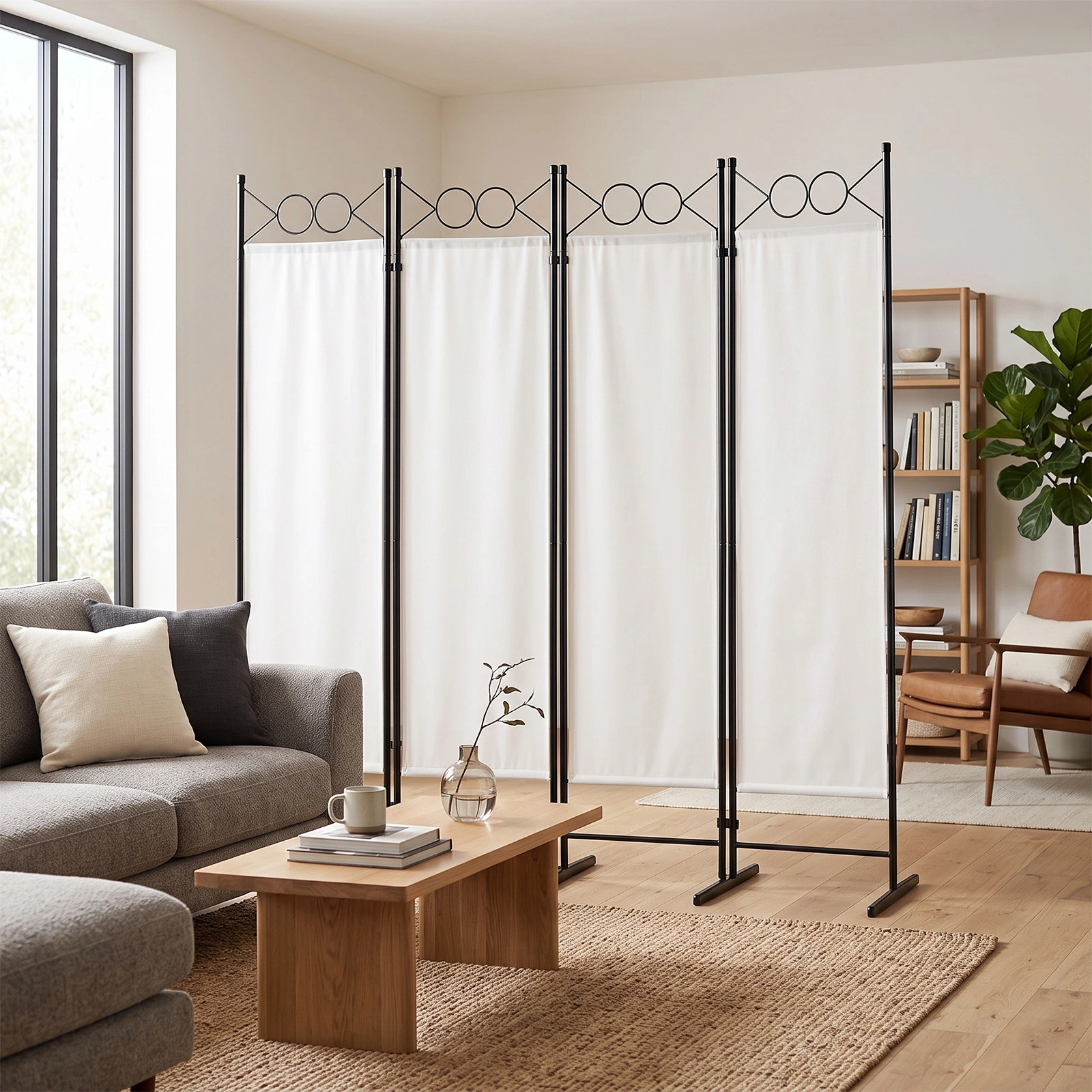 6FT 4-Fold Folding Room Divider Screen, Carbon Steel Frame, Polyester Fabric 160g, Plastic Feet, Off-White Privacy Partition