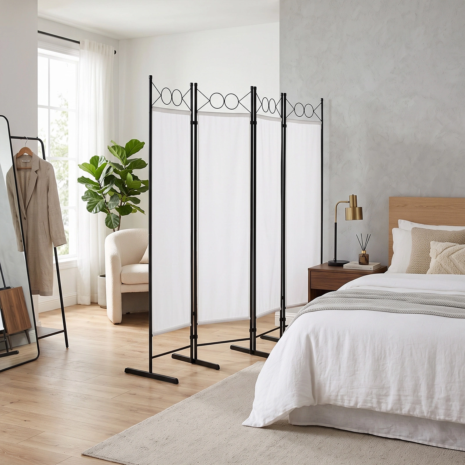 6FT 4-Fold Folding Room Divider Screen, Carbon Steel Frame, Polyester Fabric 160g, Plastic Feet, Off-White Privacy Partition view 10