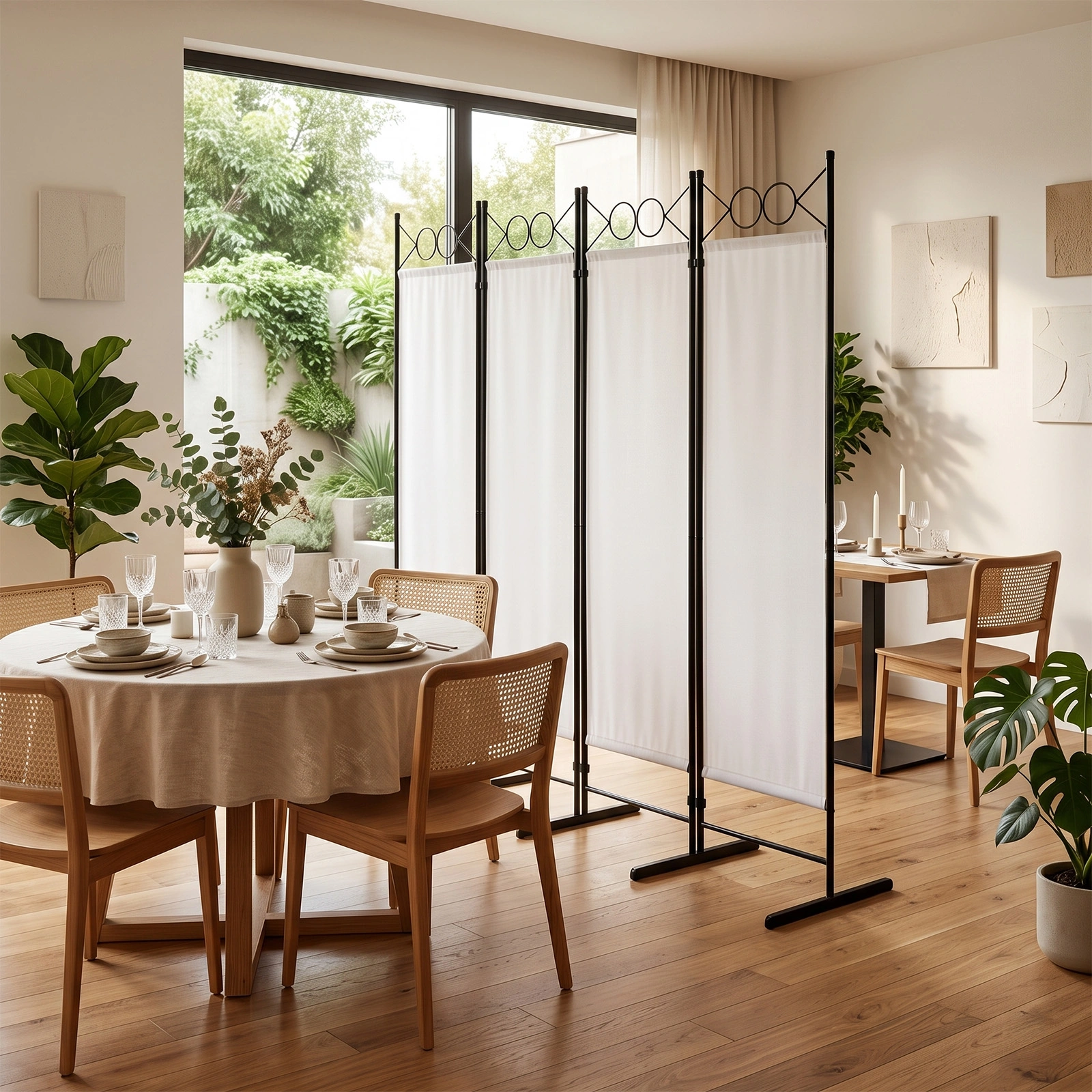 6FT 4-Fold Folding Room Divider Screen, Carbon Steel Frame, Polyester Fabric 160g, Plastic Feet, Off-White Privacy Partition view 11
