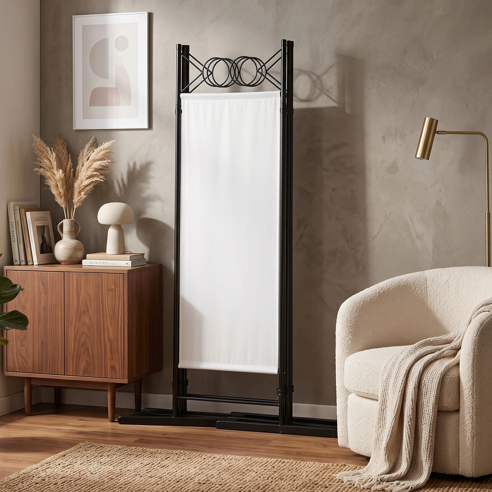 6FT 4-Fold Folding Room Divider Screen, Carbon Steel Frame, Polyester Fabric 160g, Plastic Feet, Off-White Privacy Partition view 13