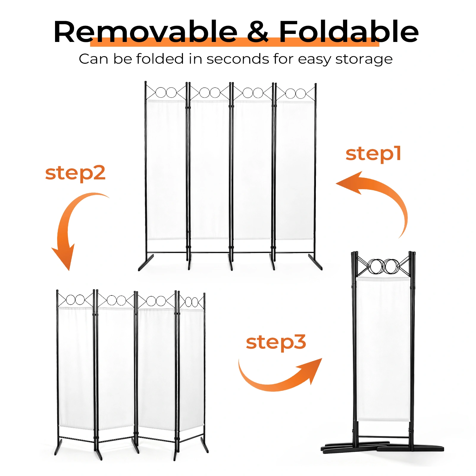 6FT 4-Fold Folding Room Divider Screen, Carbon Steel Frame, Polyester Fabric 160g, Plastic Feet, Off-White Privacy Partition view 7