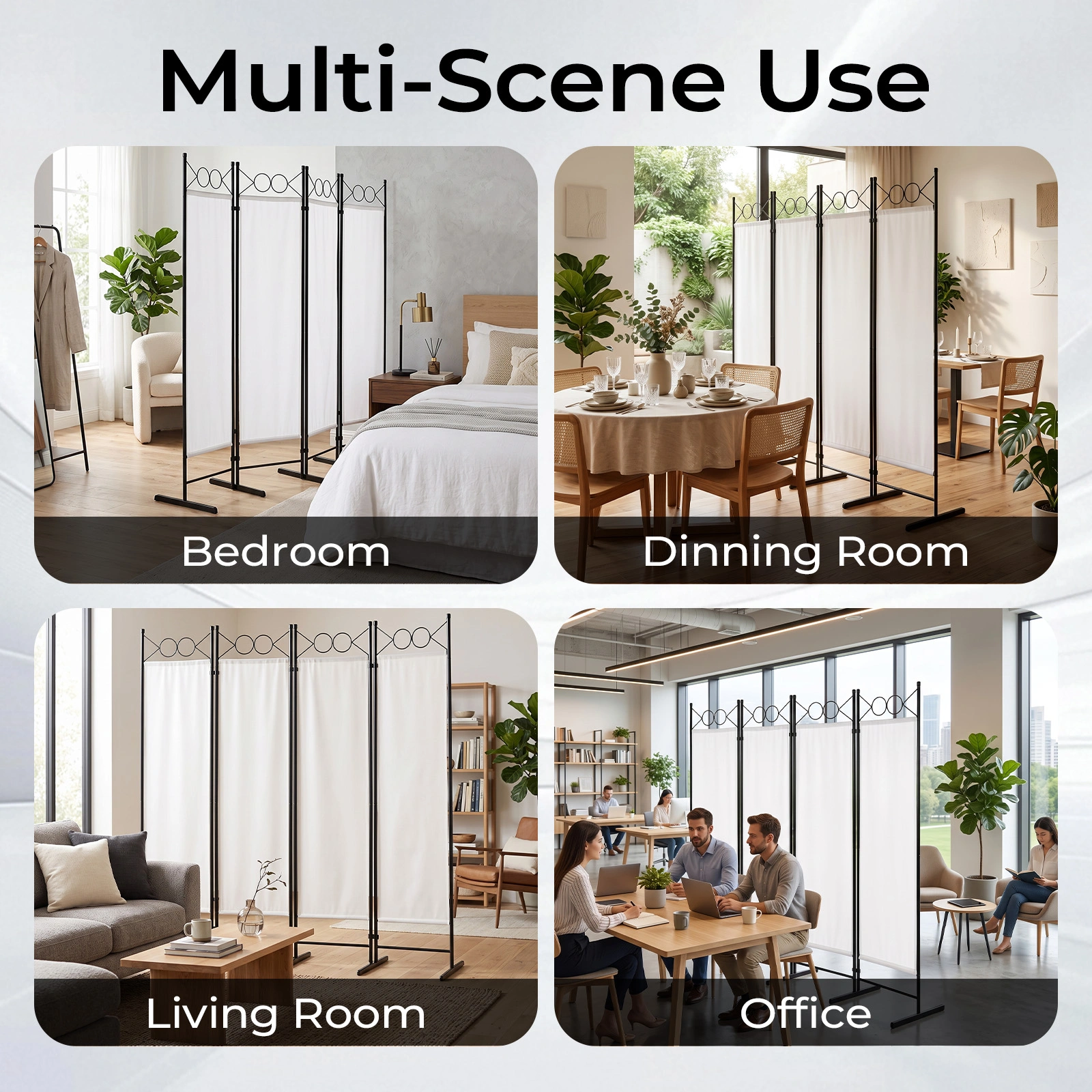 6FT 4-Fold Folding Room Divider Screen, Carbon Steel Frame, Polyester Fabric 160g, Plastic Feet, Off-White Privacy Partition view 9