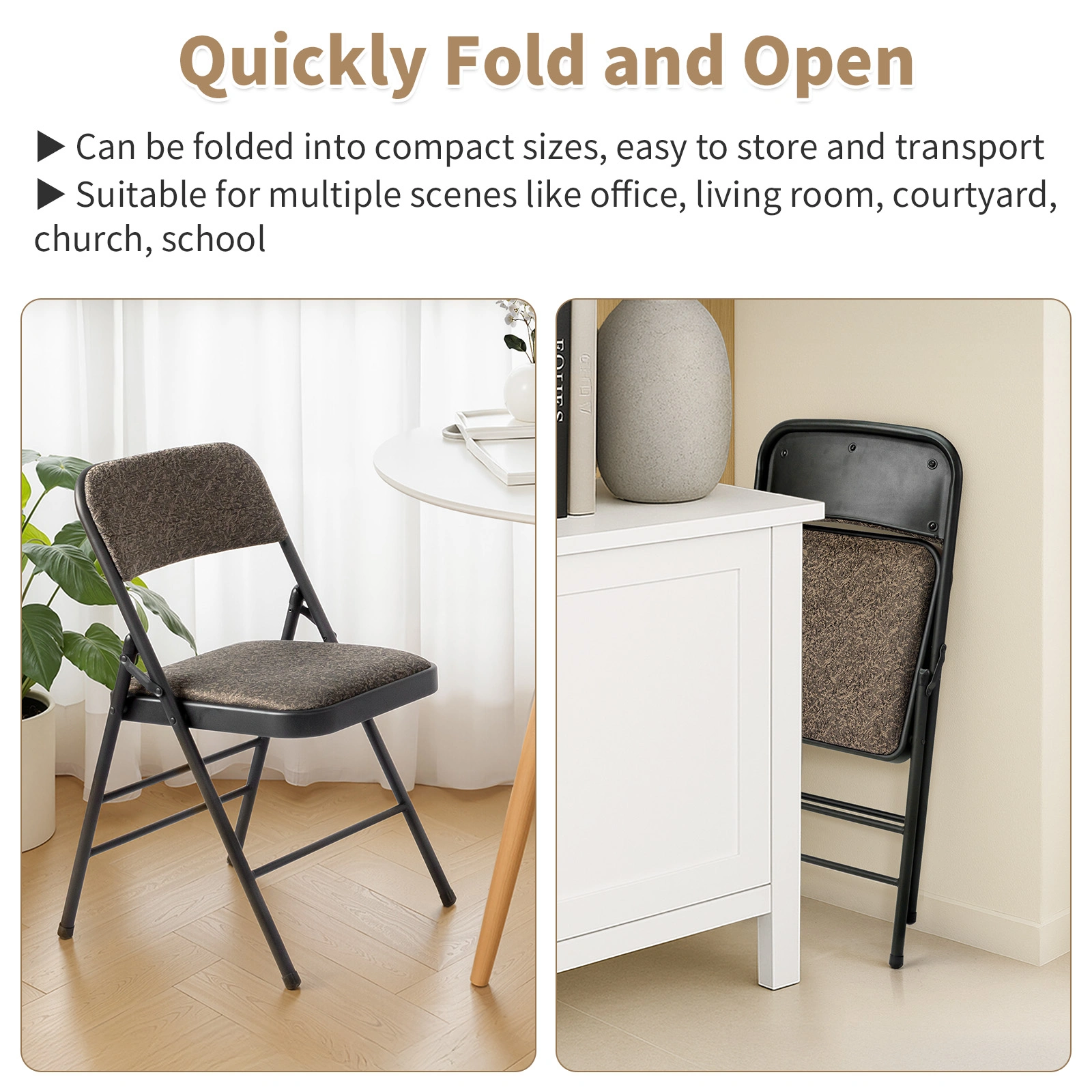 4 Pcs Folding Chairs Black Patterned Fabric Upholstered Event Chair 18.1x18.9x29.9 Inch Padded Matte Steel Frame view 4