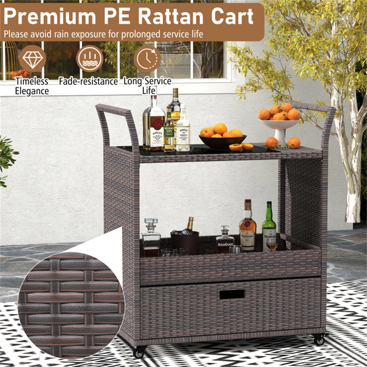 Handwoven PE Rattan Outdoor Bar Cart with Tempered Glass Top & Drawer, 4 Wheels with Brakes Serving Cart for Patio view 10