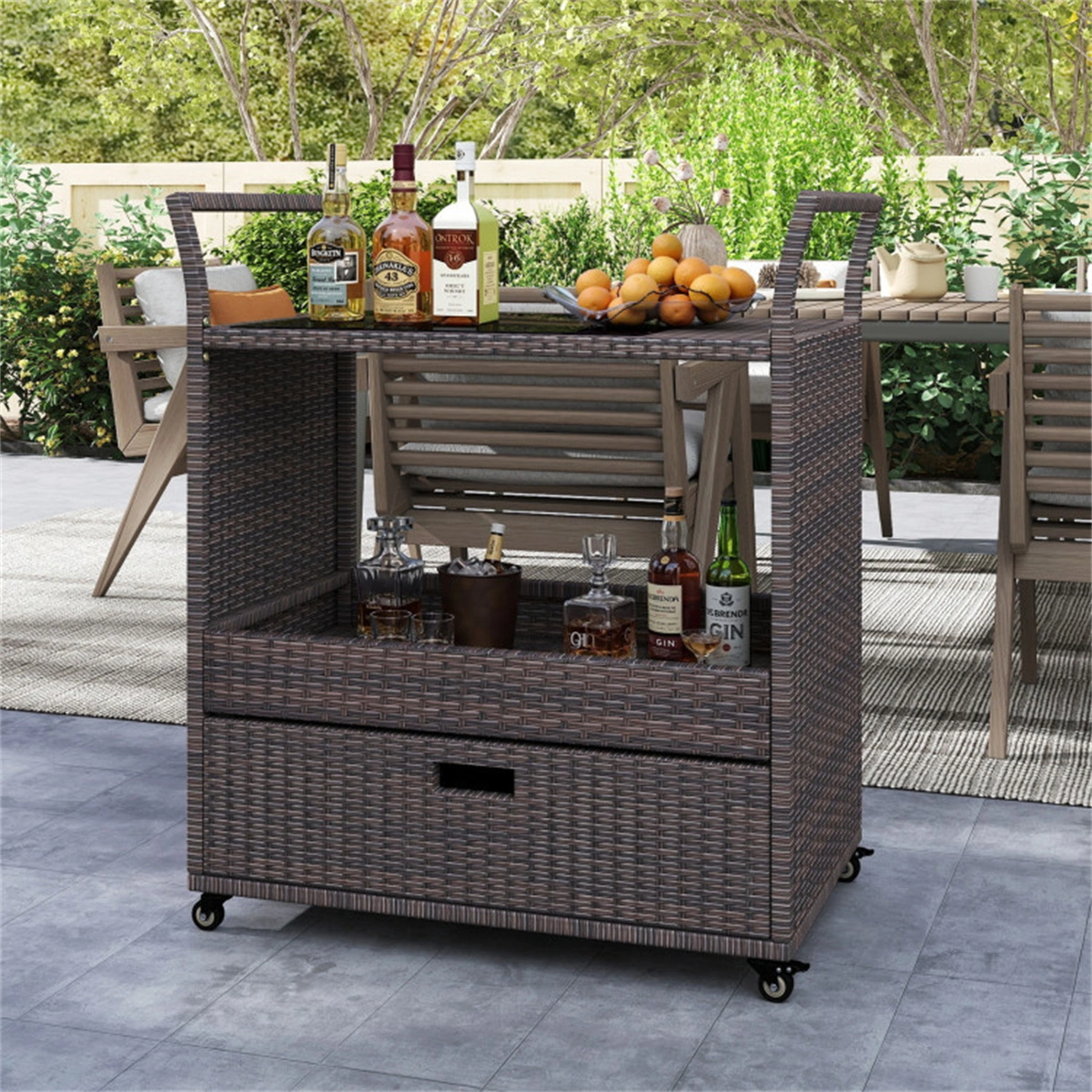 Handwoven PE Rattan Outdoor Bar Cart with Tempered Glass Top & Drawer, 4 Wheels with Brakes Serving Cart for Patio view 11