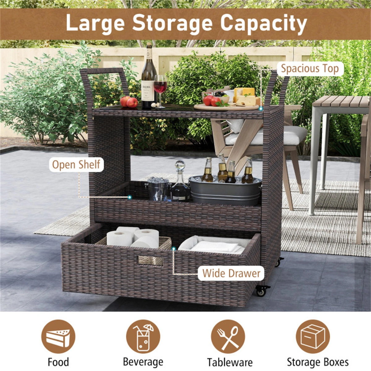 Handwoven PE Rattan Outdoor Bar Cart with Tempered Glass Top & Drawer, 4 Wheels with Brakes Serving Cart for Patio view 2