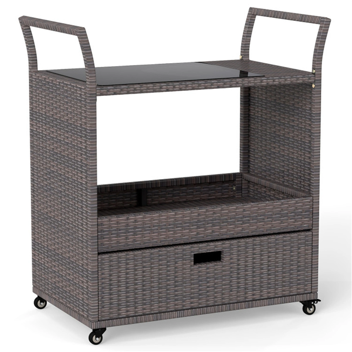 Handwoven PE Rattan Outdoor Bar Cart with Tempered Glass Top & Drawer, 4 Wheels with Brakes Serving Cart for Patio view 3