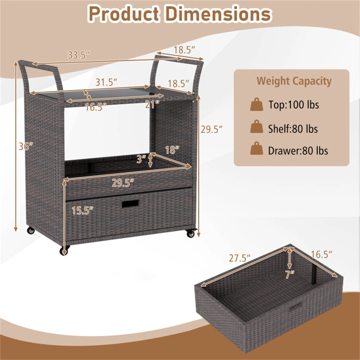 Handwoven PE Rattan Outdoor Bar Cart with Tempered Glass Top & Drawer, 4 Wheels with Brakes Serving Cart for Patio view 4