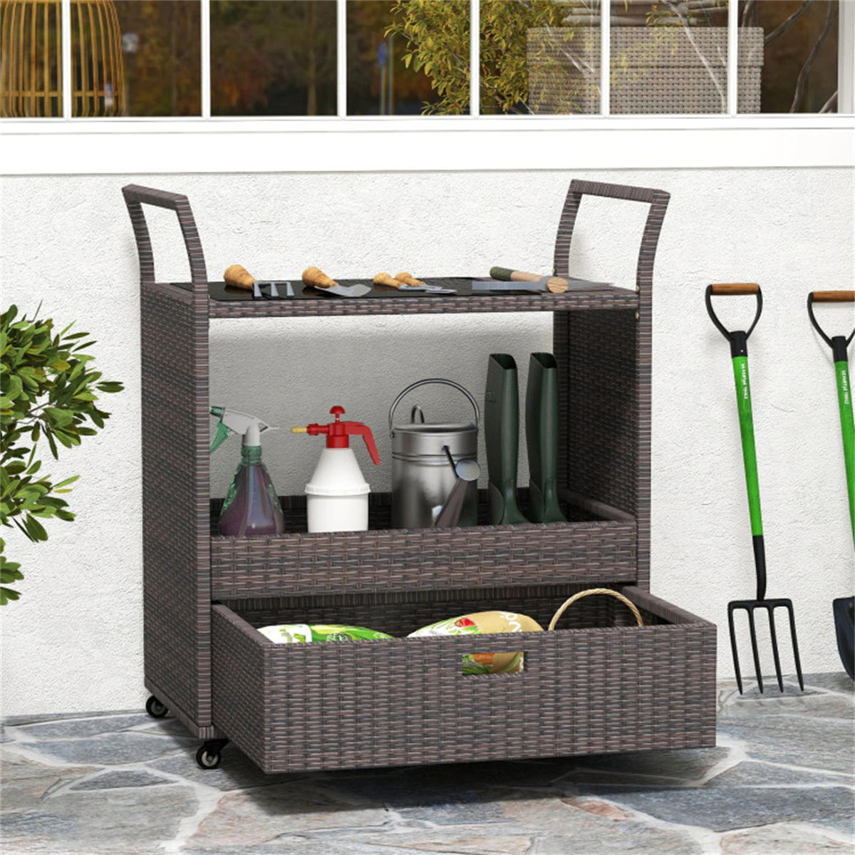 Handwoven PE Rattan Outdoor Bar Cart with Tempered Glass Top & Drawer, 4 Wheels with Brakes Serving Cart for Patio view 7