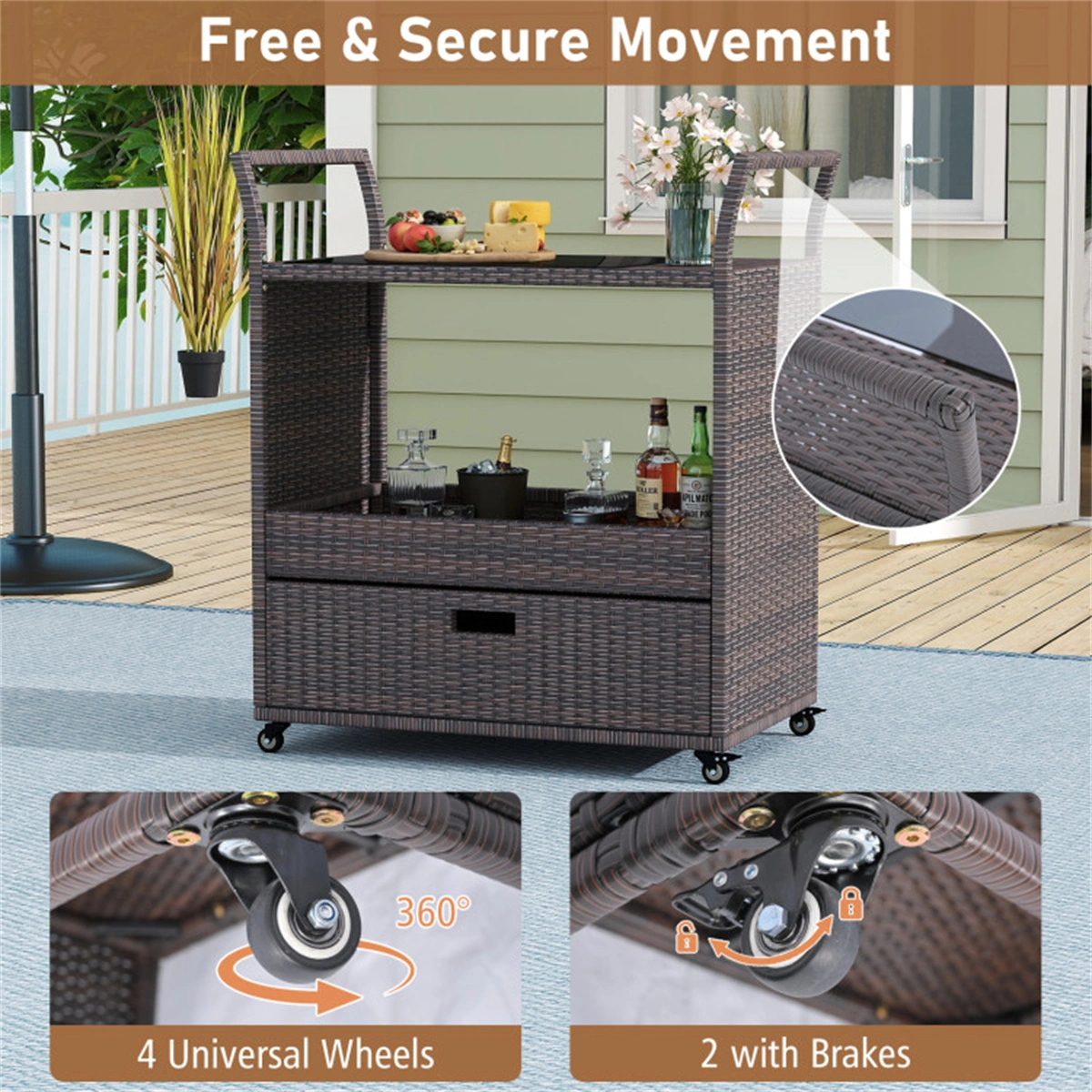 Handwoven PE Rattan Outdoor Bar Cart with Tempered Glass Top & Drawer, 4 Wheels with Brakes Serving Cart for Patio view 8
