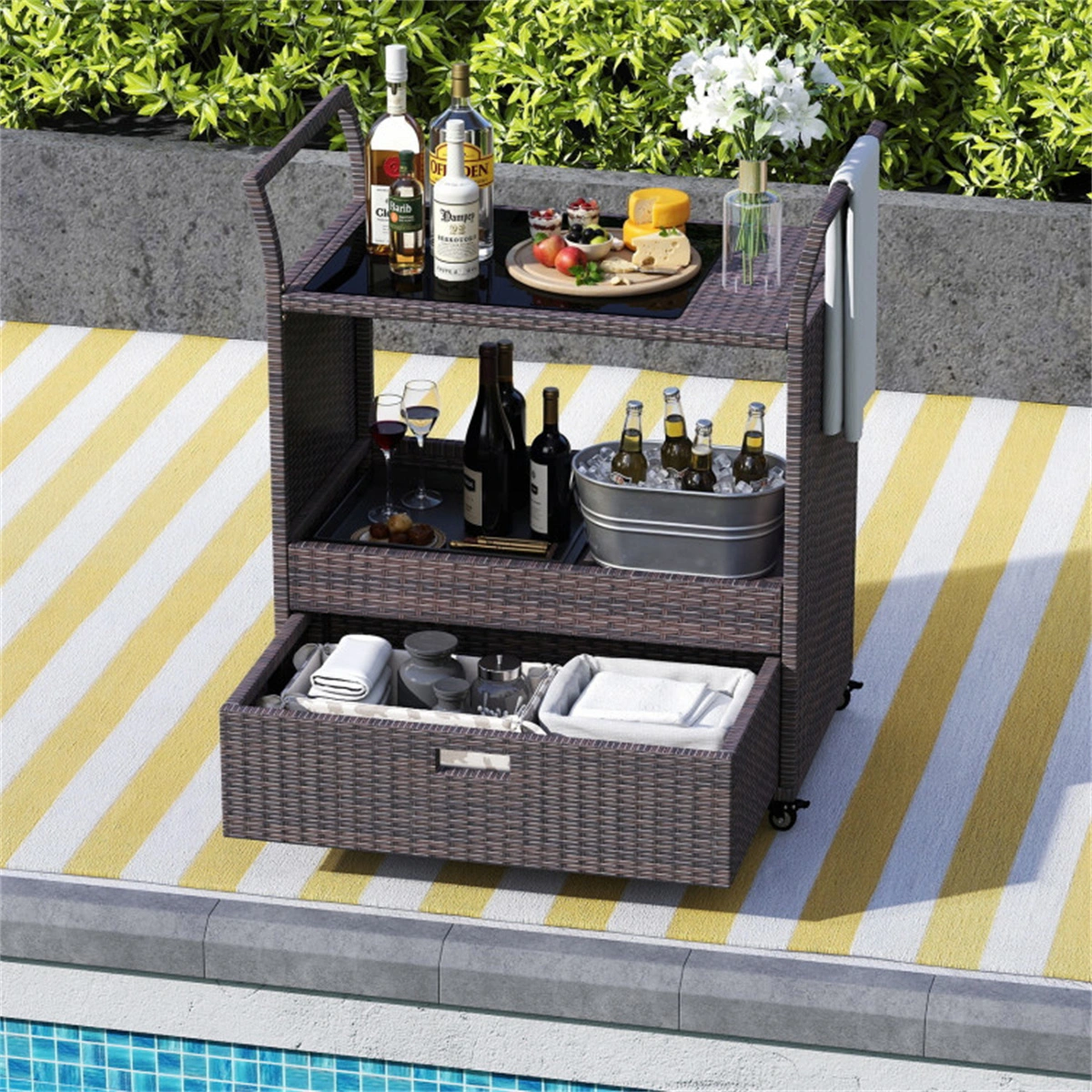 Handwoven PE Rattan Outdoor Bar Cart with Tempered Glass Top & Drawer, 4 Wheels with Brakes Serving Cart for Patio view 9